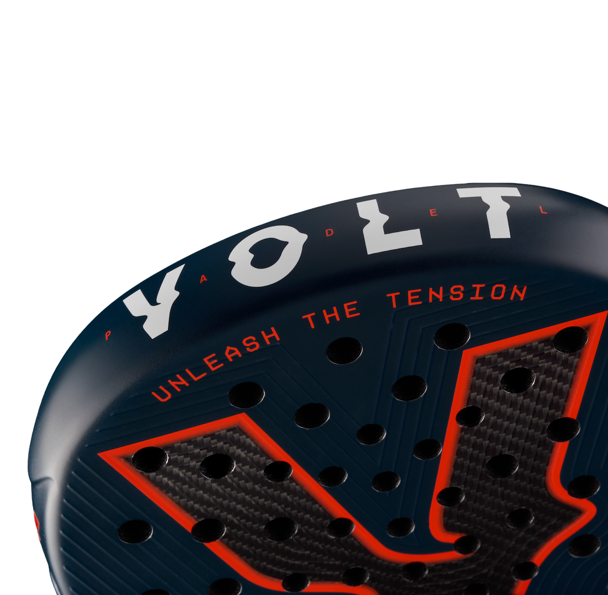 Top detail of the Volt 700 V5 padel racket, showcasing the flashy white Volt logo and highlighting 3K Tweel carbon pattern inside the big logo.