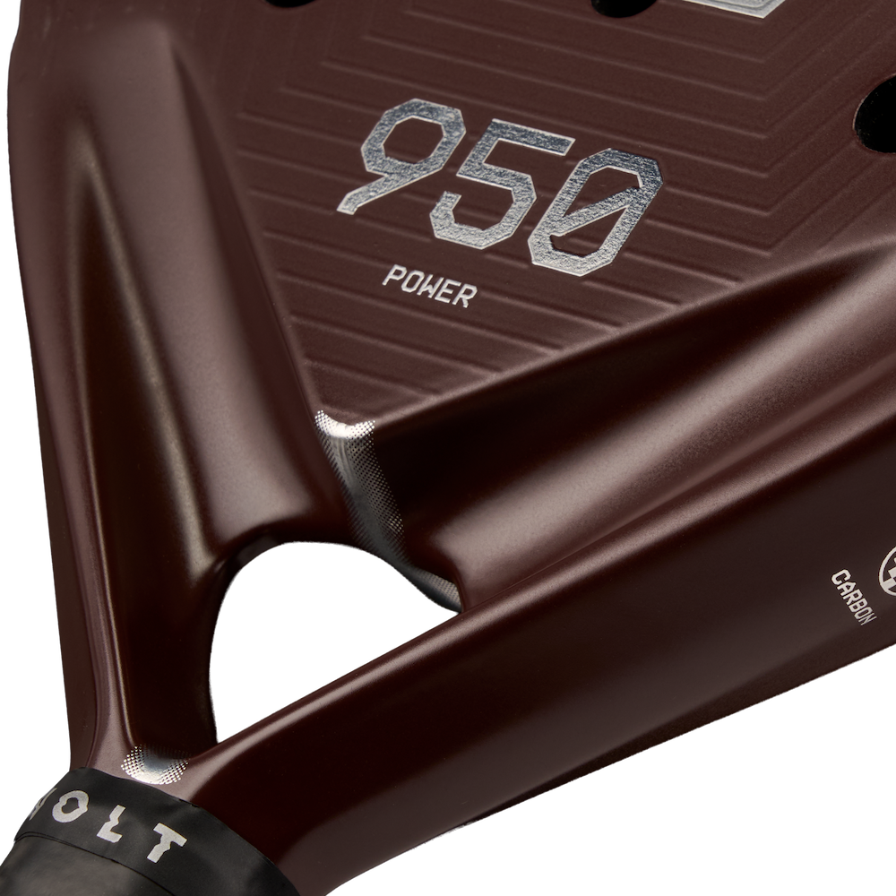 Heart detail of the VOLT 950 v5 padel racket, revealing the redesigned textured heart structure optimized for power and stability.