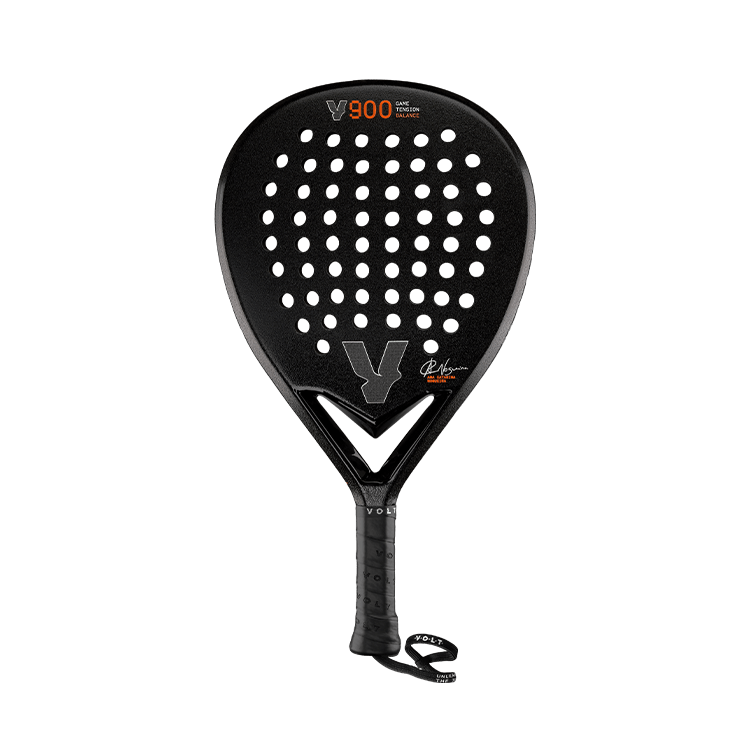 Volt 900 V23 padel racket, front view, premium black design with orange details and signature.