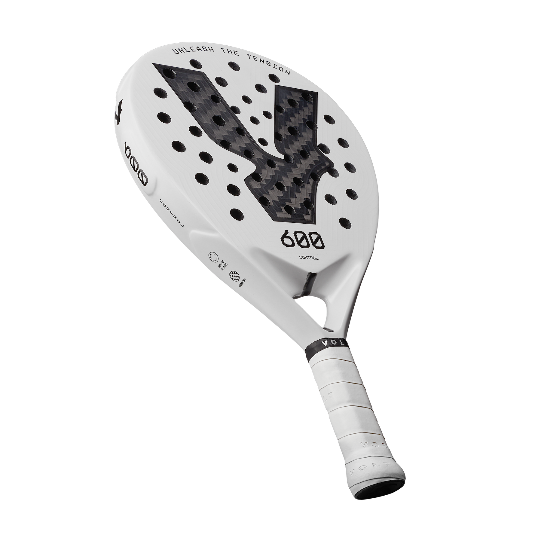 Angle view of the VOLT 600 v5 padel racket, showcasing its round shape and control-focused design.