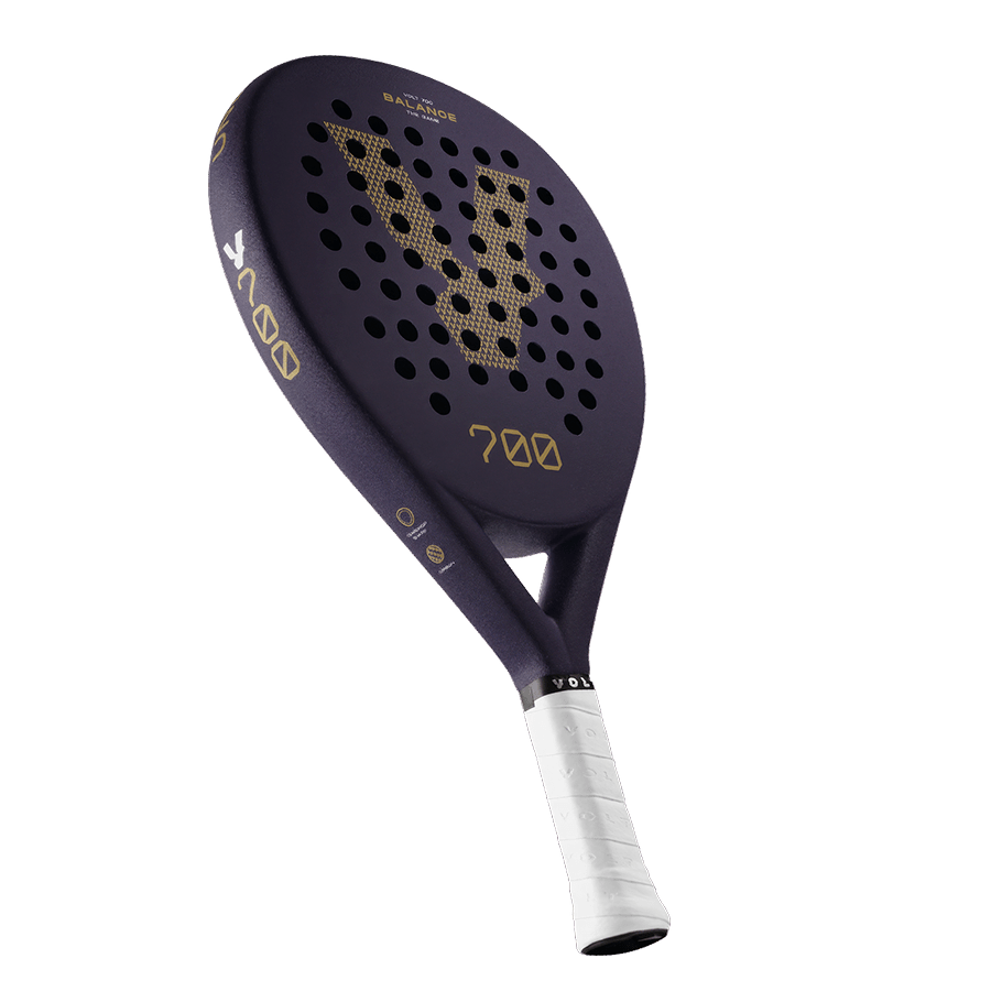 Side view of the Volt 700 V4 padel racket, featuring its elegant purple finish, perforations, and sleek gold branding.