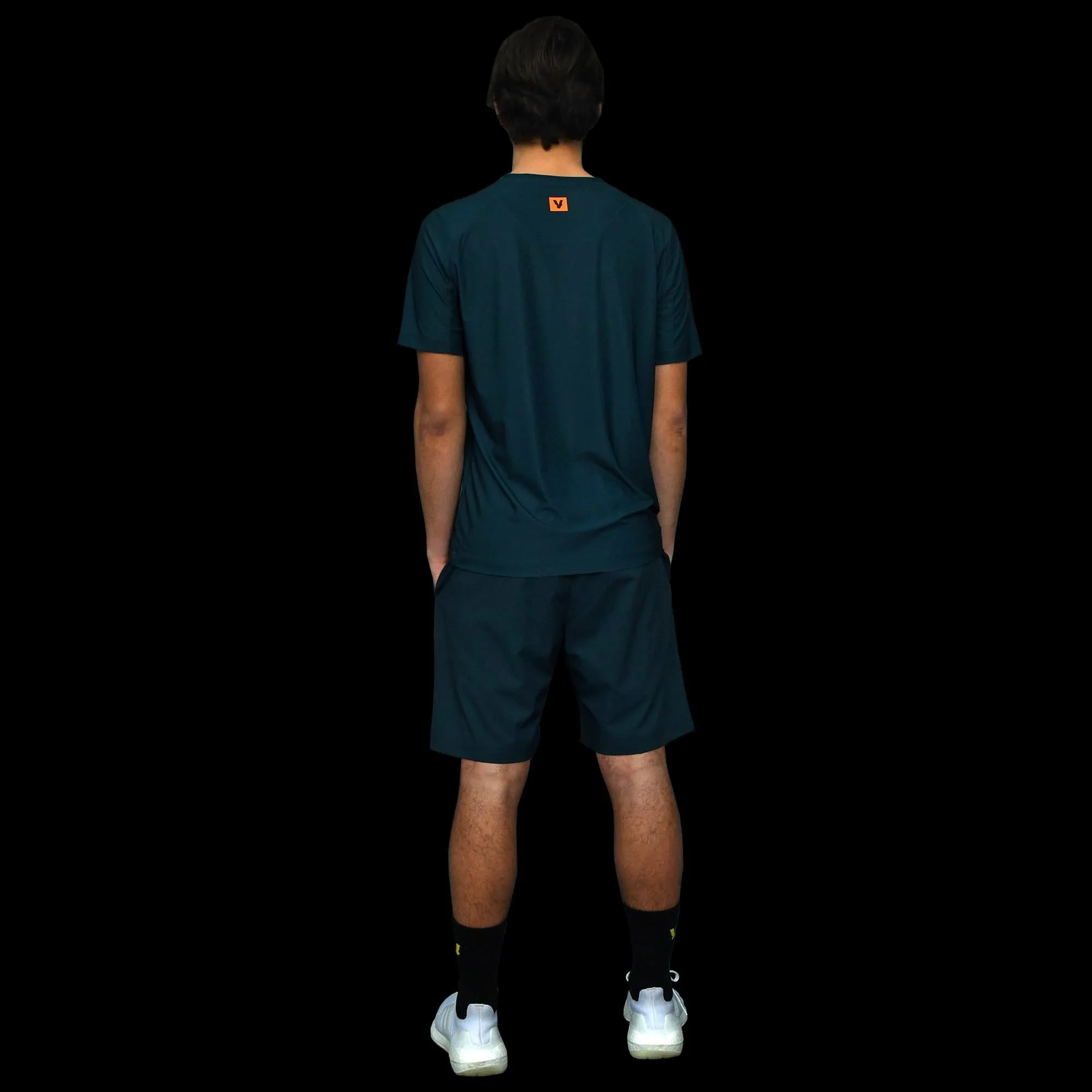 Volt Performance Shorts Blue & Neon Orange viewed from the back