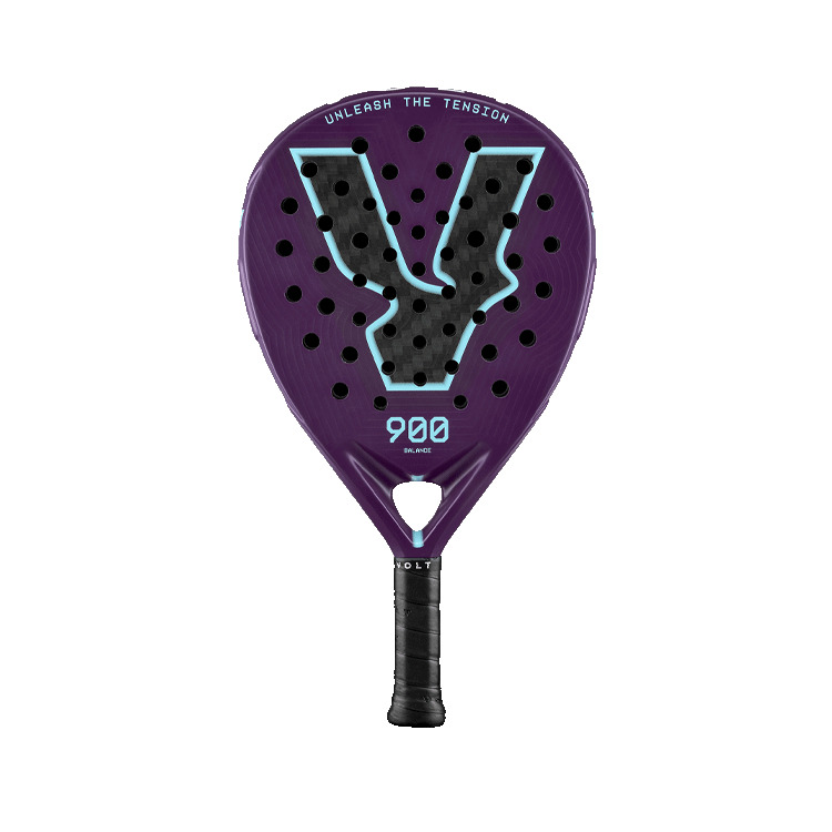 Front view of the VOLT 900 v5 padel racket, highlighting its clean design and 12K Aluminized Carbon faces.