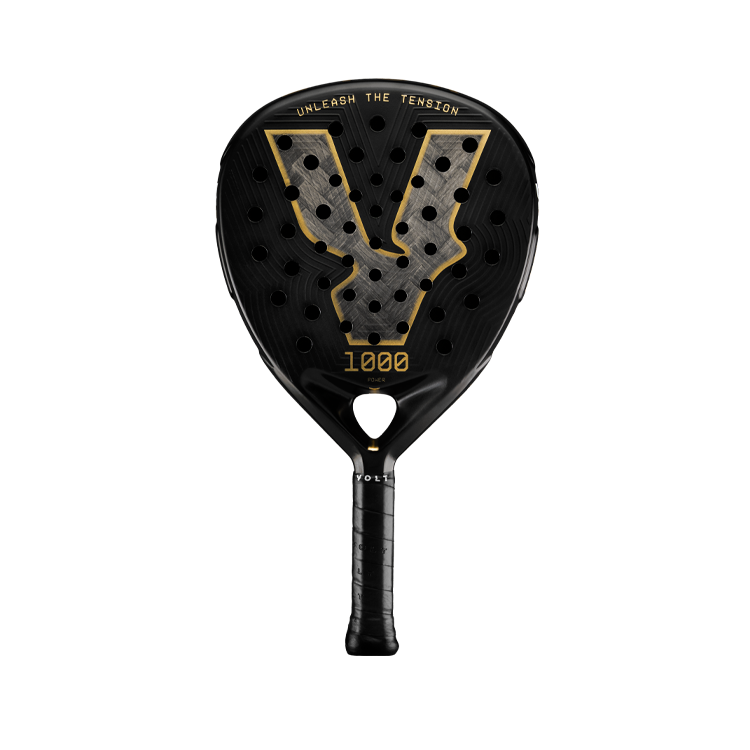 Front view of the Volt 1000 V5 padel racket, showcasing its classy black and metallic gold design with its 24K Silver Aluminized Carbon pattern inside the big logo.
