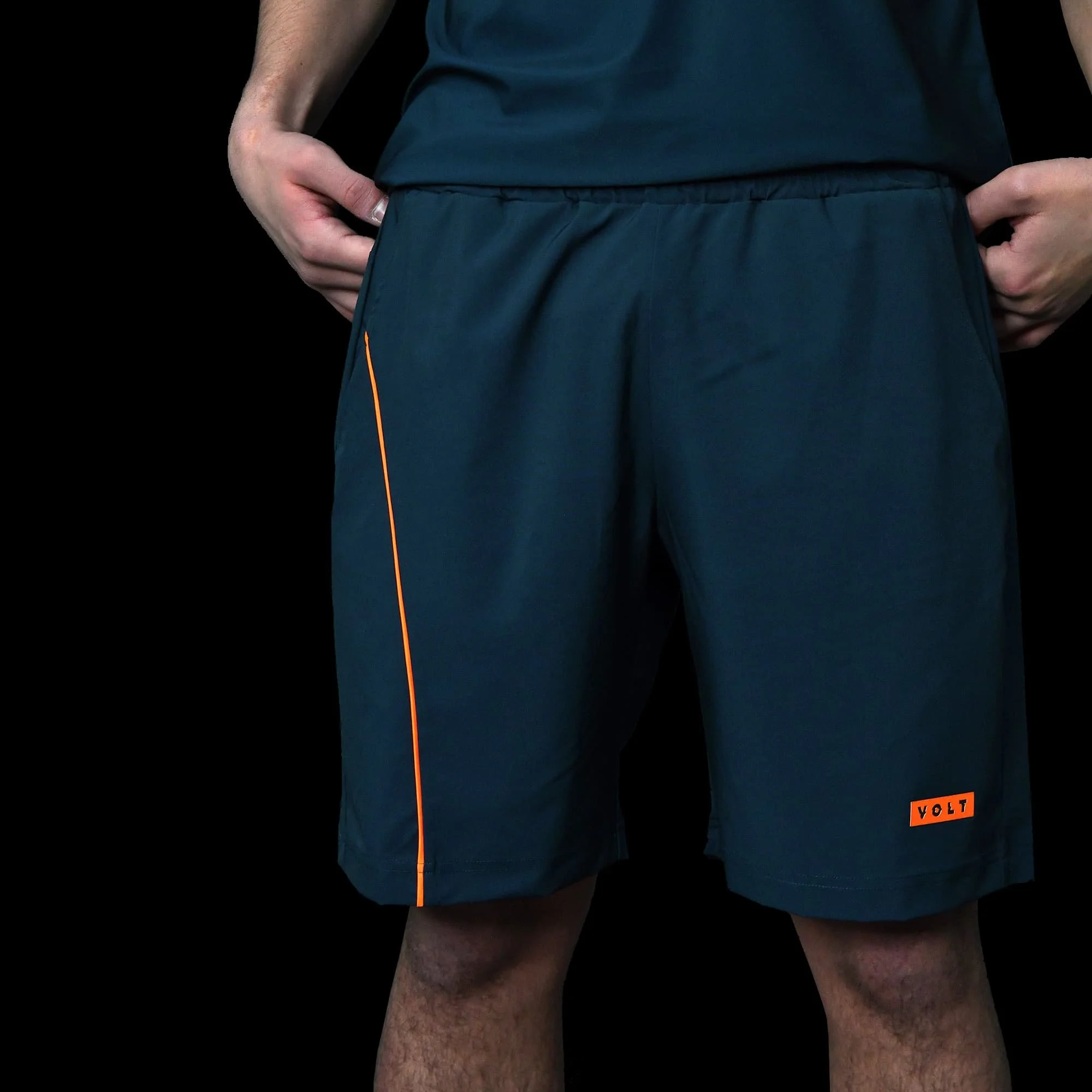 Volt Performance Shorts Blue & Neon Orange zoomed front view