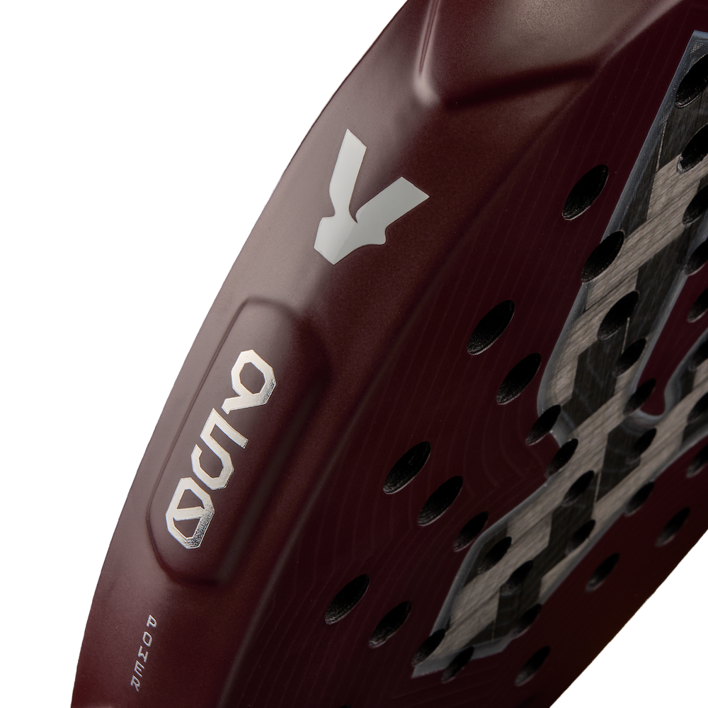 Detailed side view of the VOLT 950 v5 padel racket, focusing on premium finishes and construction quality.