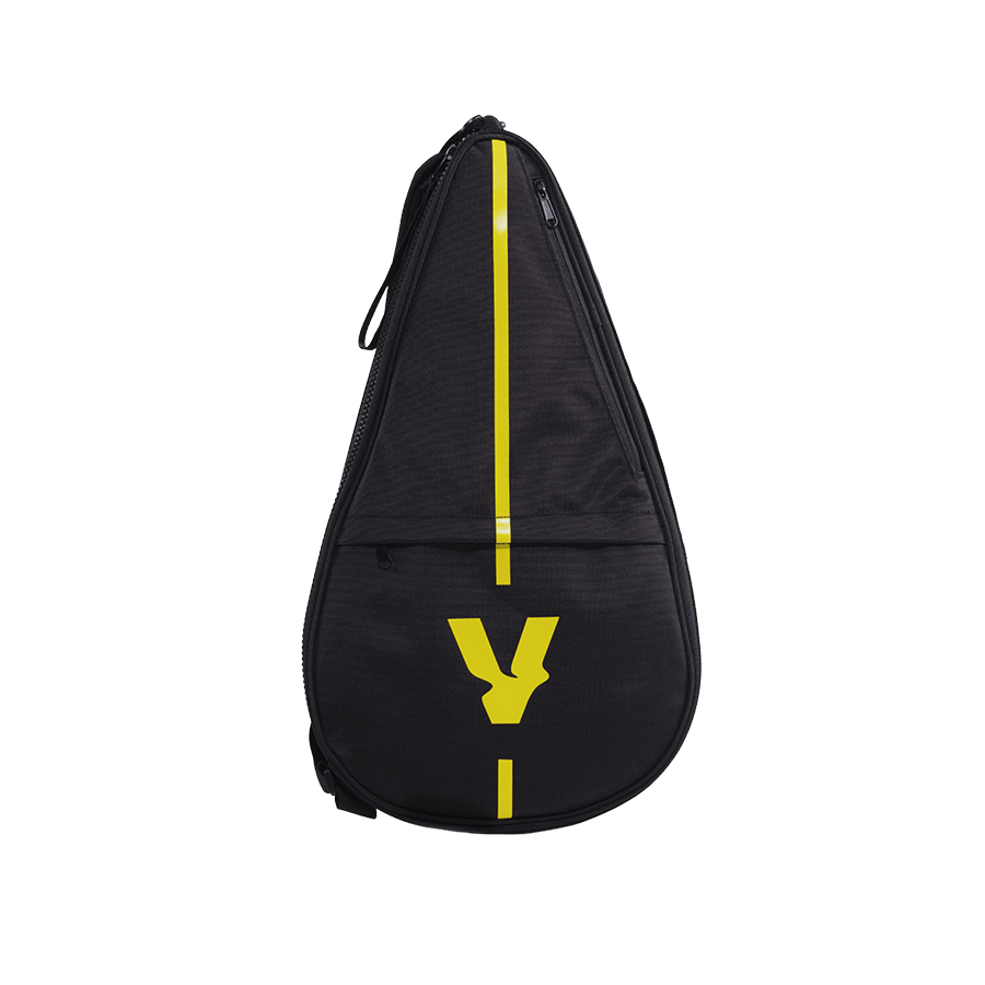 Protective cover for the Volt padel racket in black, featuring an elegant design with a yellow Volt logo and a side zipper.