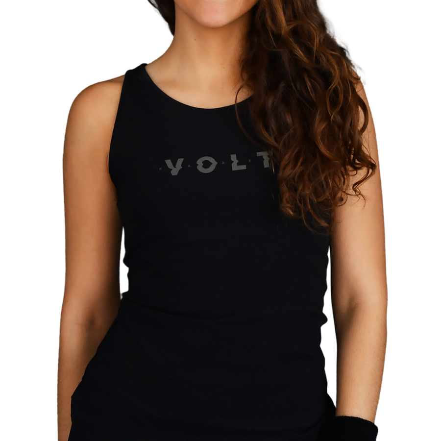Front view of black tank top featuring Volt logo in gray, worn by a model.