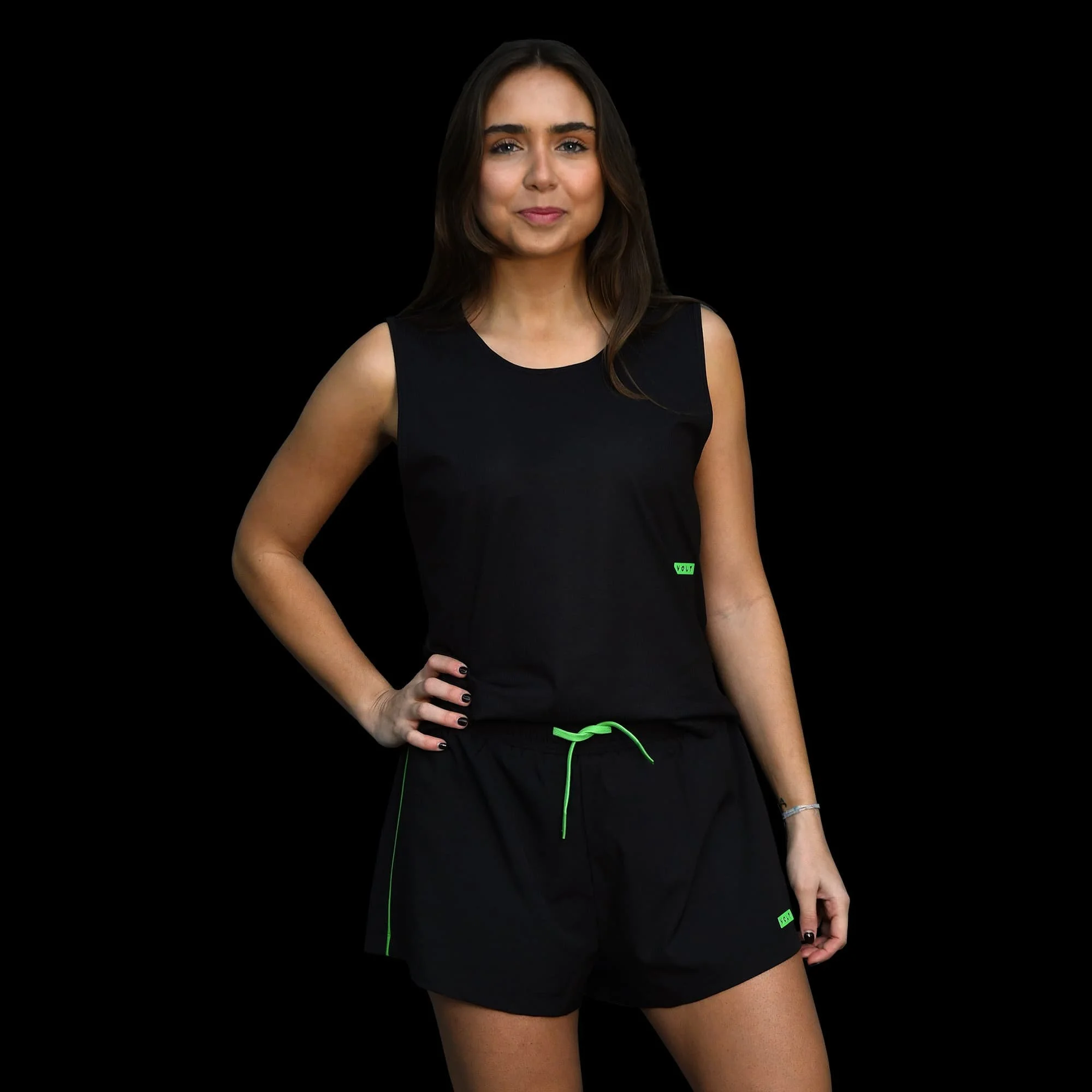 Volt Performance Women’s Shorts Black & Neon Green viewed from the front
