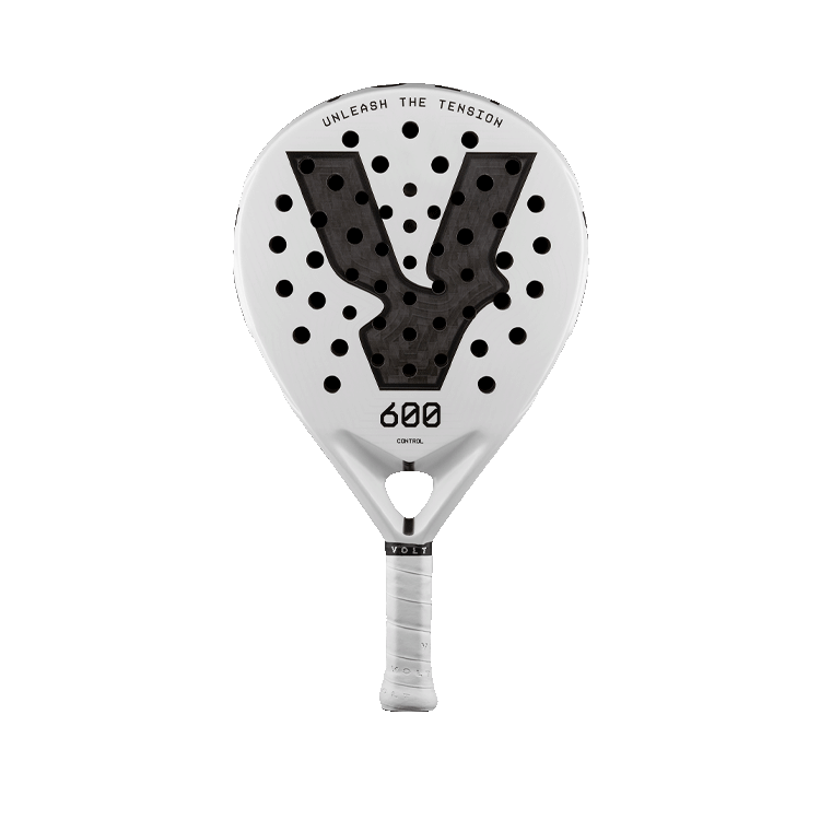 Front view of the VOLT 600 v5 padel racket, highlighting its clean aesthetic and 12K Aluminized Carbon faces.