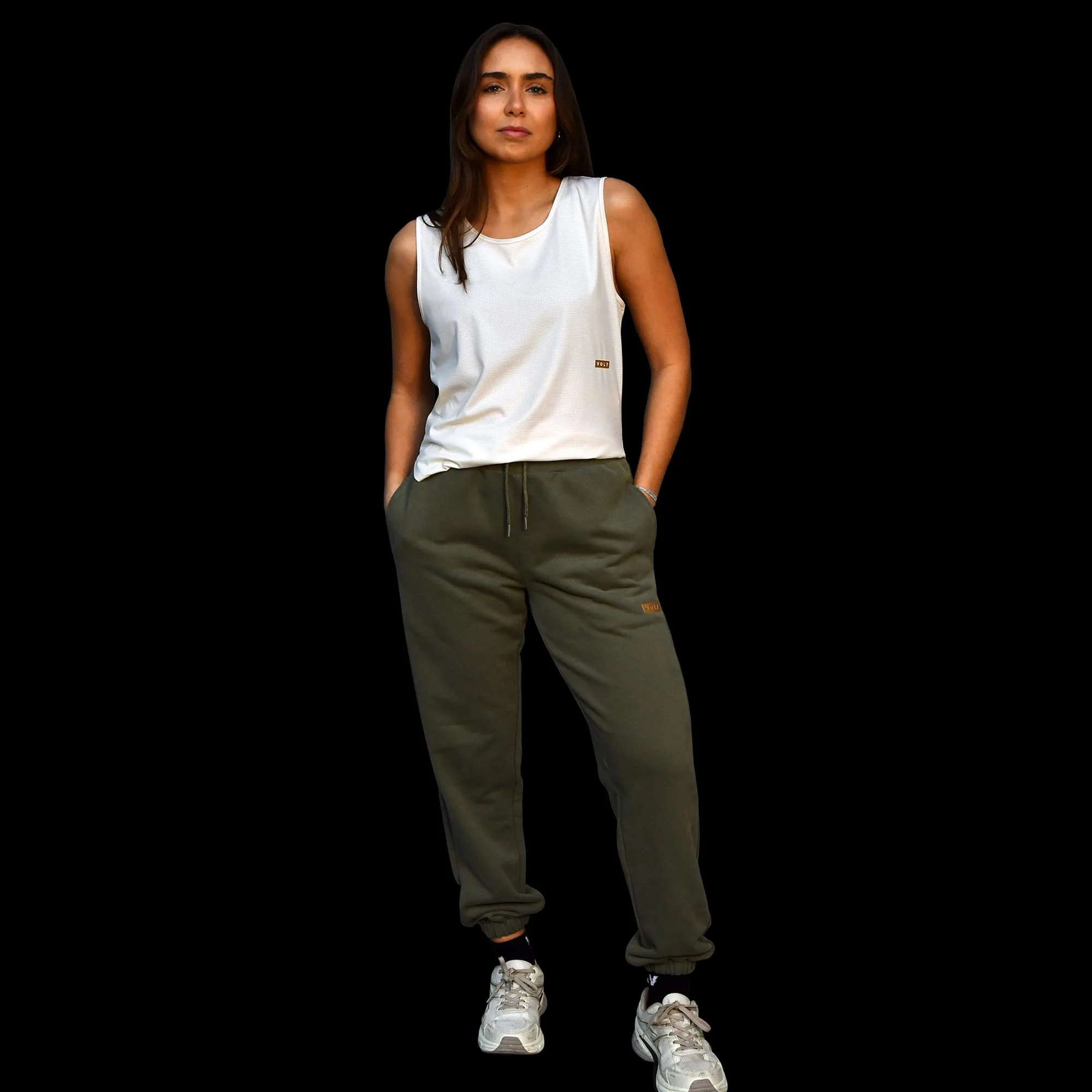 Volt Joggers Green & Gold full body front view (Women)
