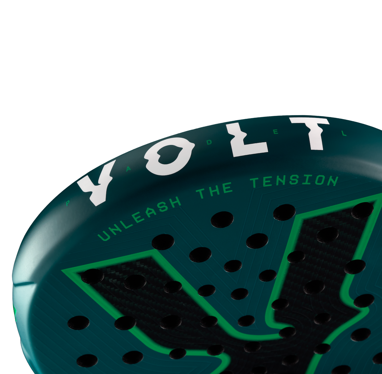 Top detail of the Volt 500 V5 padel racket, showcasing the flashy white Volt logo and highlighting 3K Tweel carbon pattern inside the big logo.