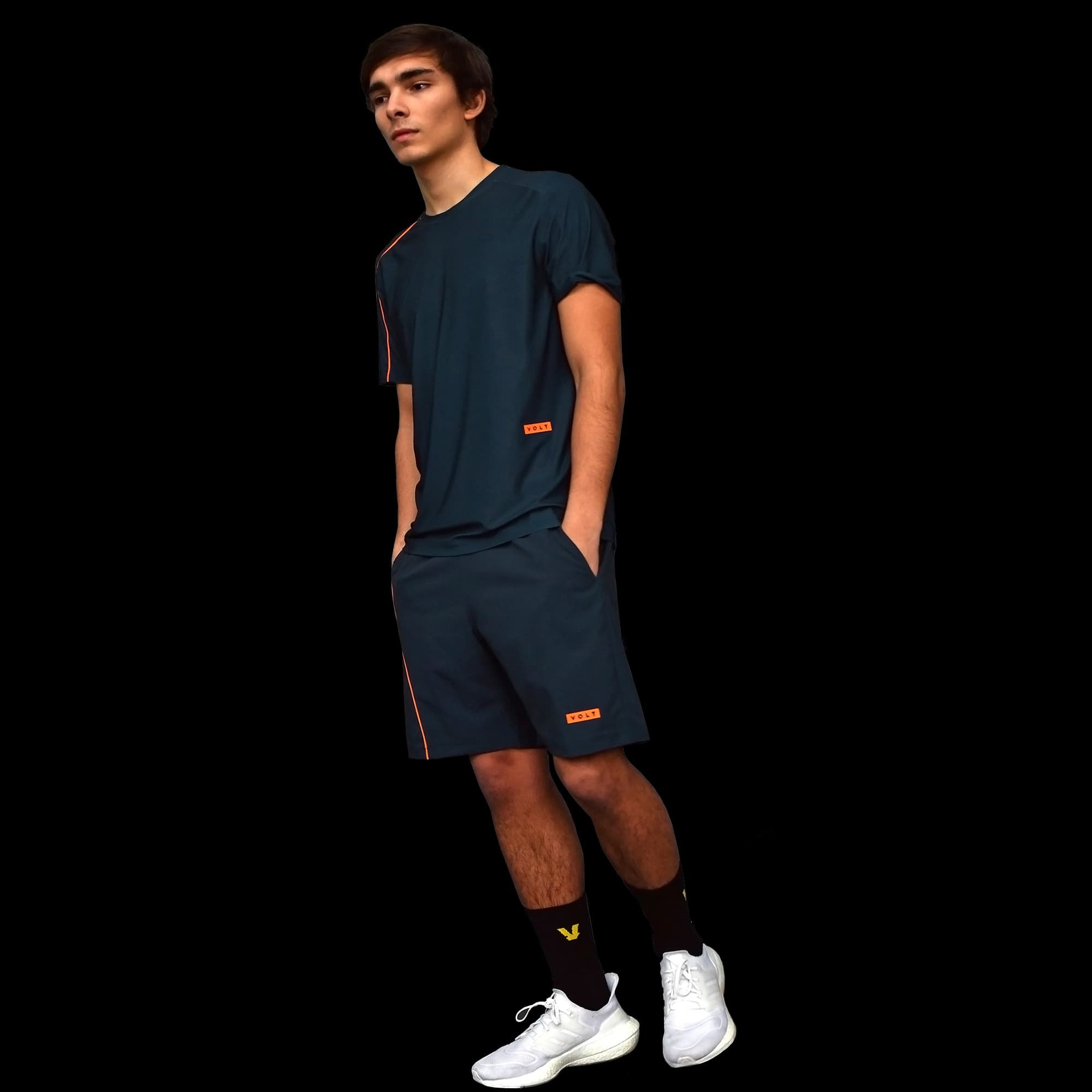 Volt Performance Shorts Blue & Neon Orange full body side view
