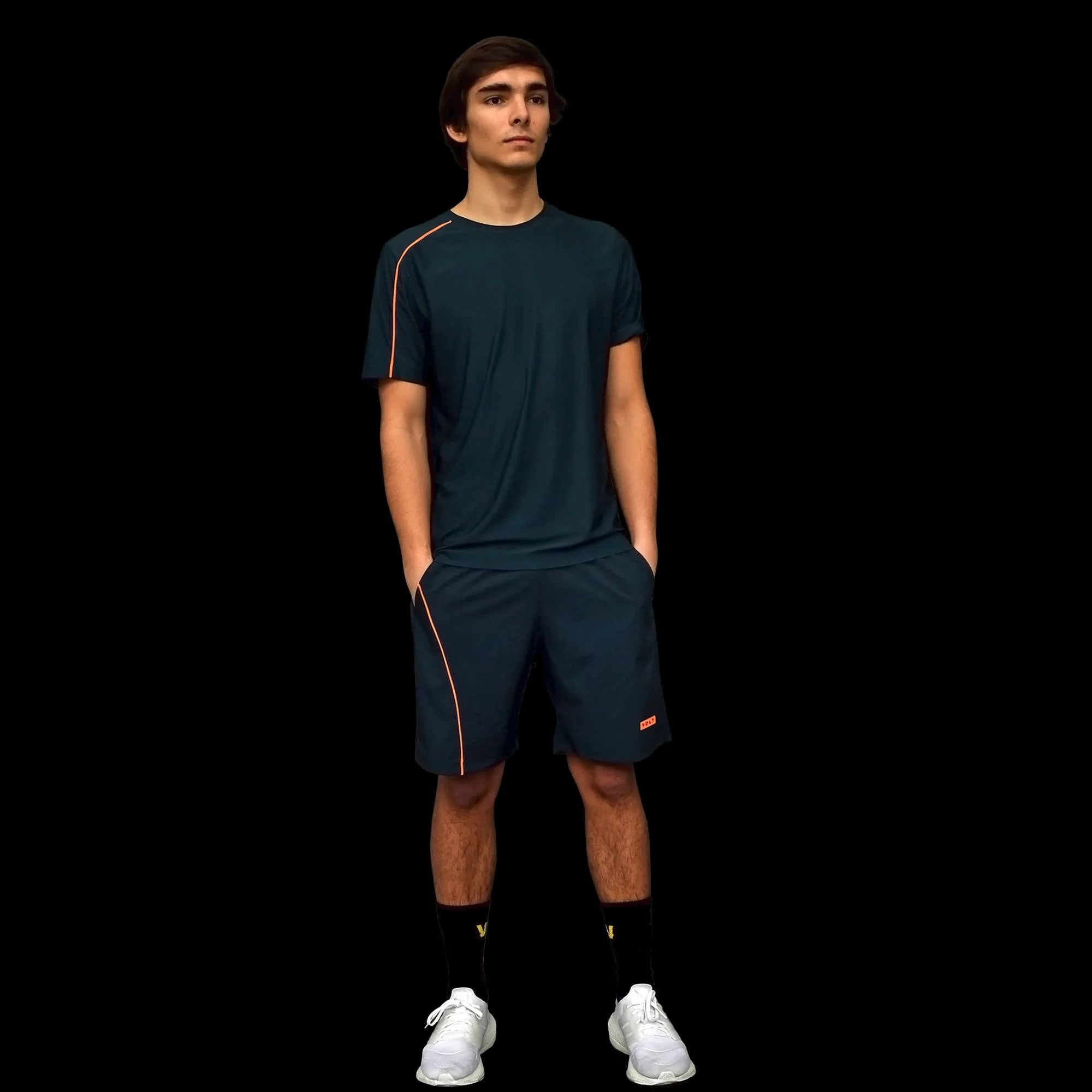 Volt Performance T-Shirt Blue & Neon Orange full body front view