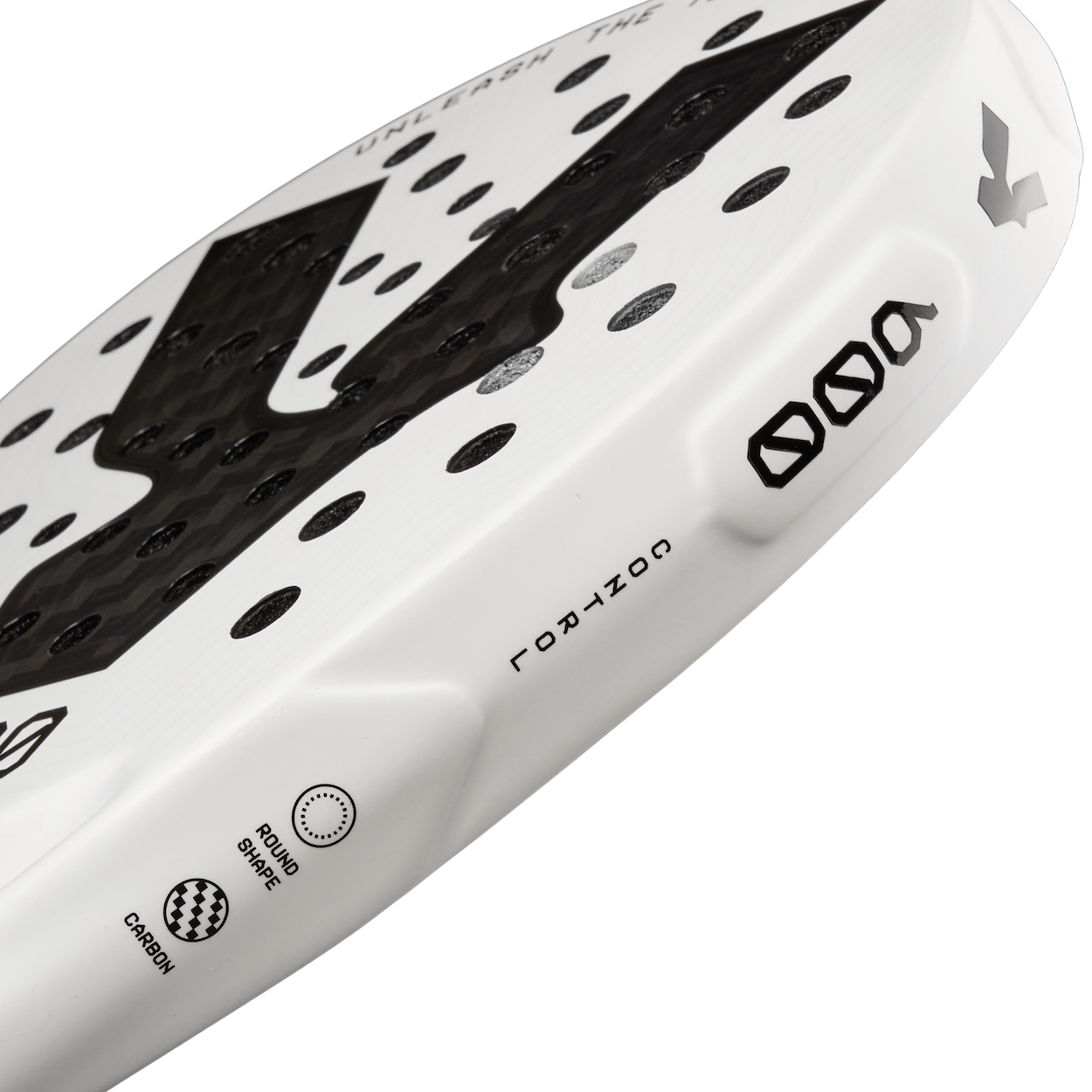 Side detail of the VOLT 600 v5 padel racket, featuring the Volt “V” logo, 600 numbering, and smooth side profile.