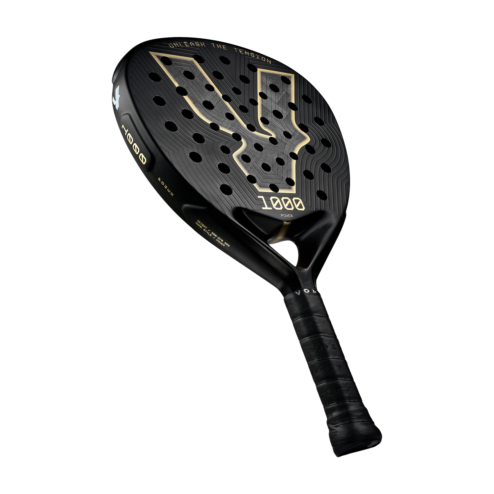 Angle view of the Volt 1000 V5 padel racket, showcasing its classy black and metallic gold design with its 24K Silver Aluminized Carbon pattern inside the big logo.