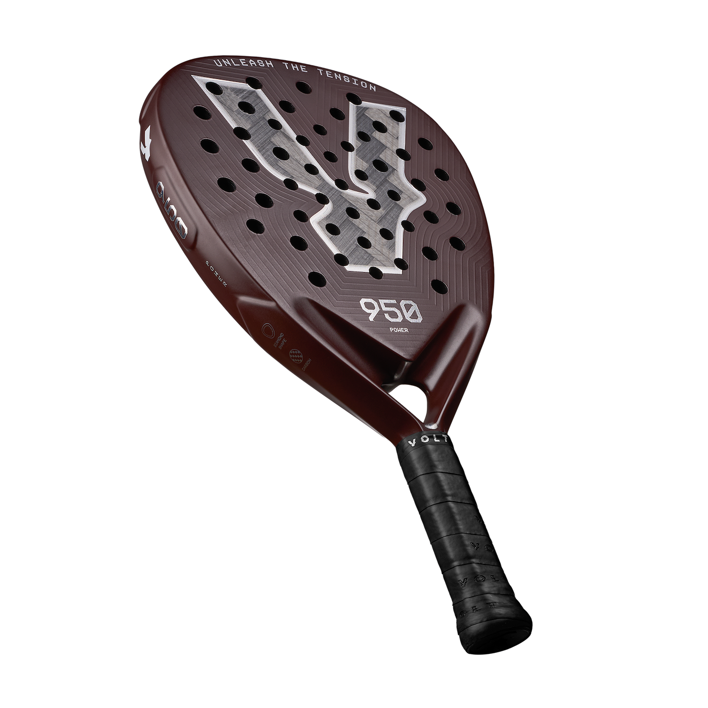 Angle view of the VOLT 950 v5 padel racket, showcasing its aggressive diamond shape and premium finish with 24K Silver Aluminized Carbon detailing.