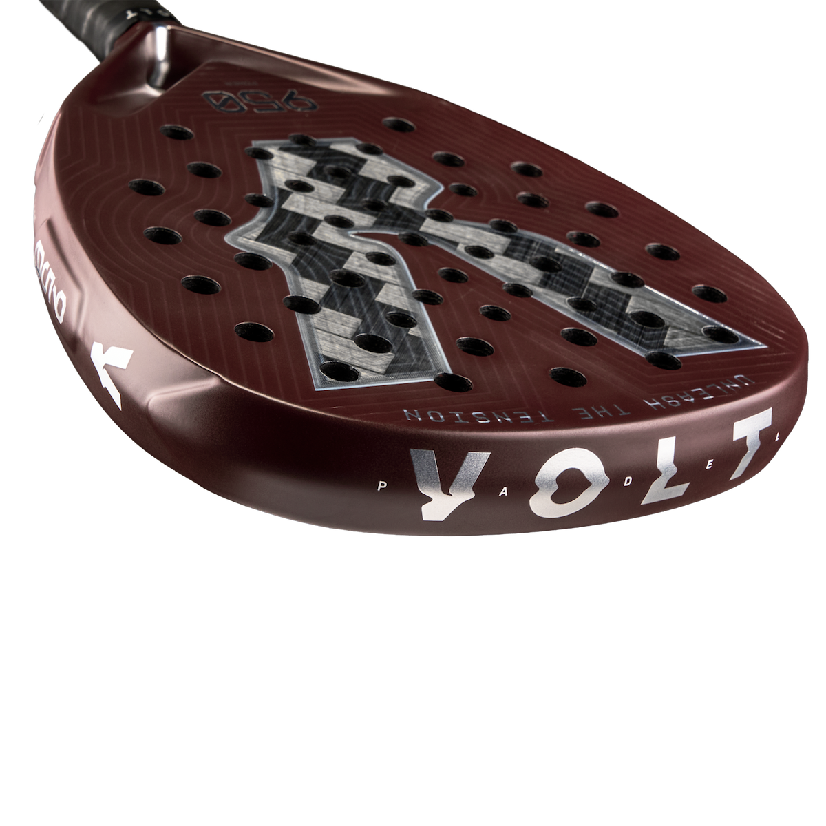 Top detail of the VOLT 950 v5 padel racket, emphasizing the premium materials and performance-focused finish.