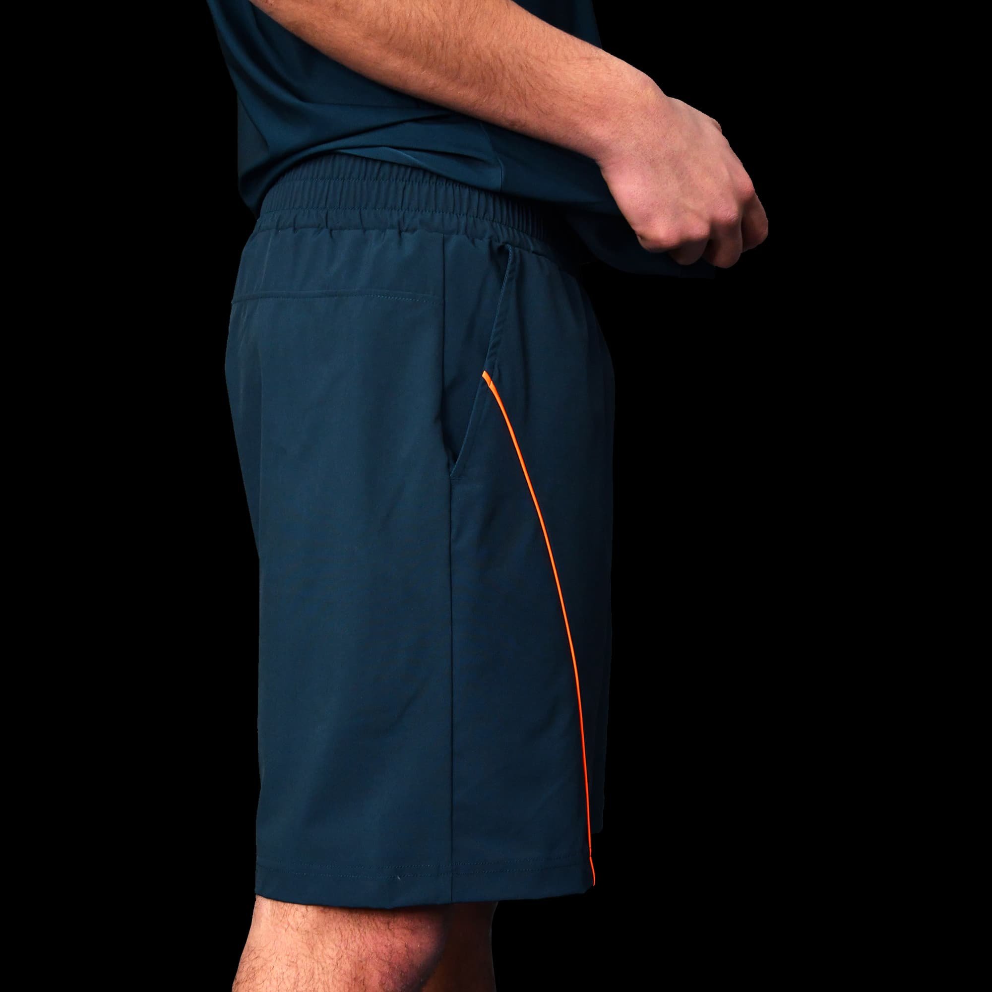 Volt Performance Shorts Blue & Neon Orange zoomed side view
