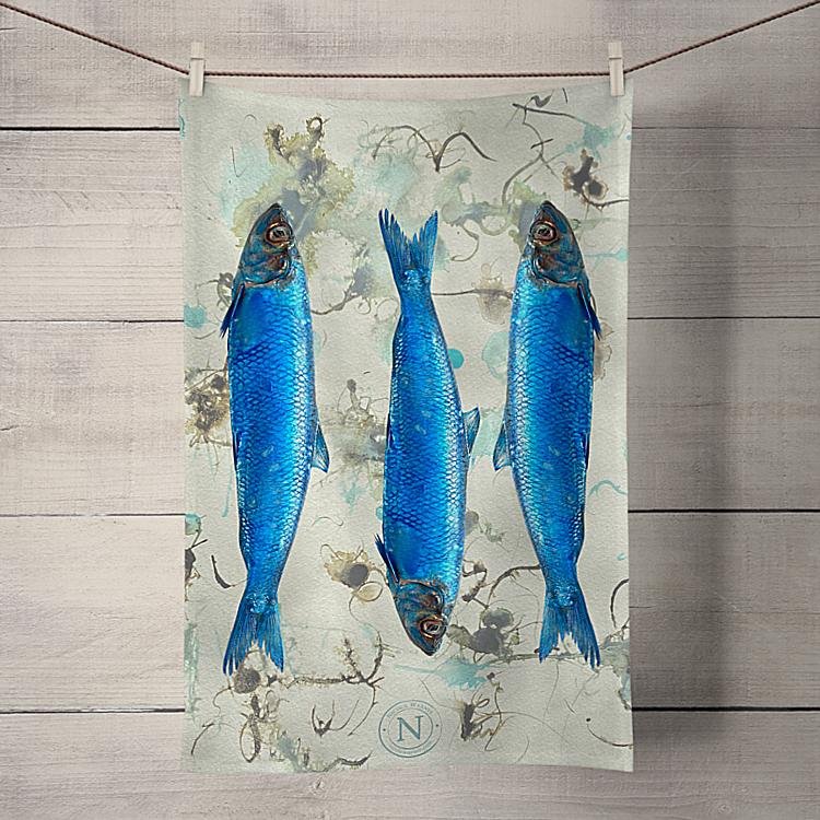 Three Blue Fishes Tea Towel