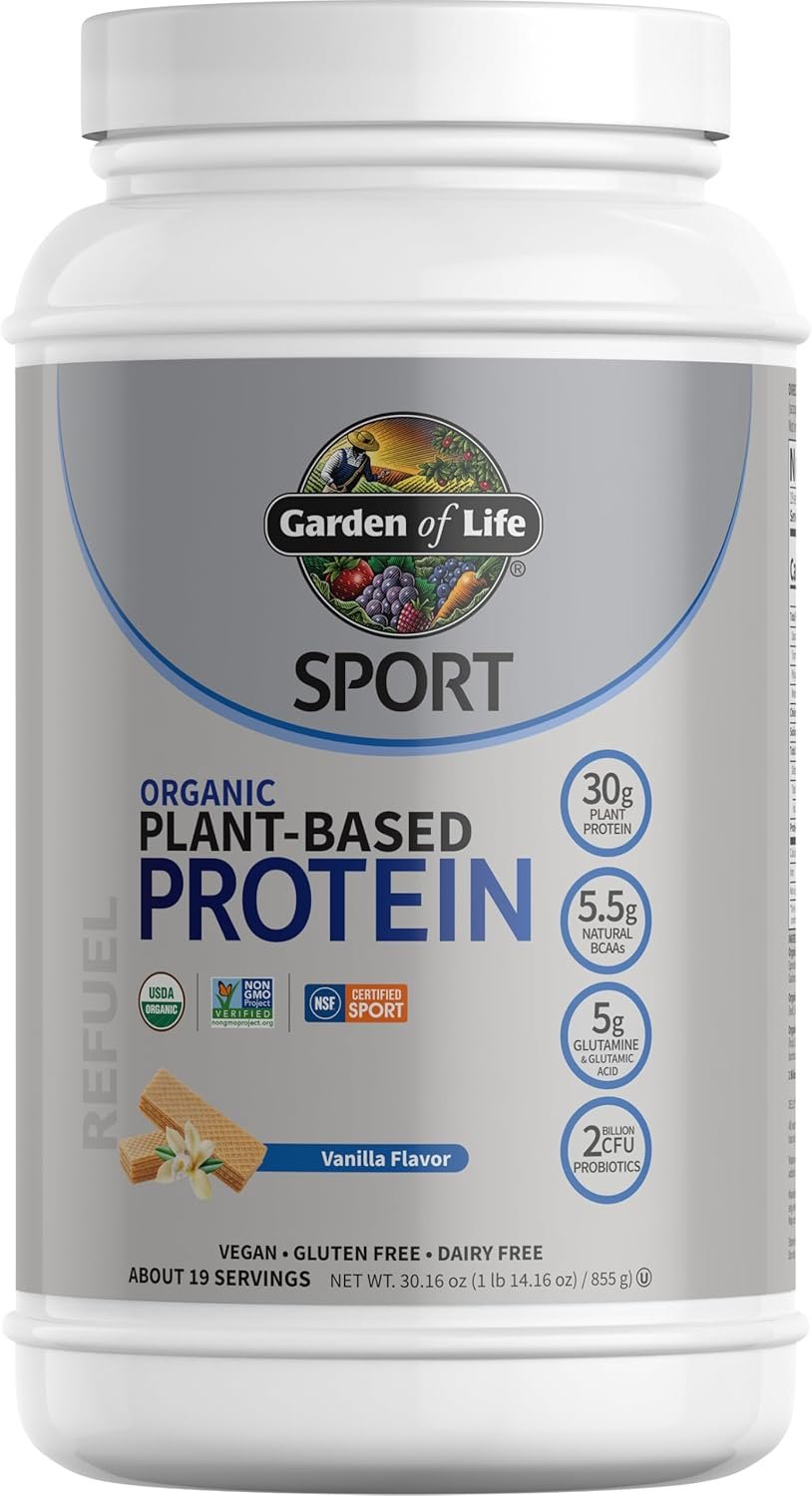 30g of organic plant based protein powder per serving, certified USDA organic, Non-GMO project verified, NSF certified for sport, vegan & organic protein powder vanilla flavored