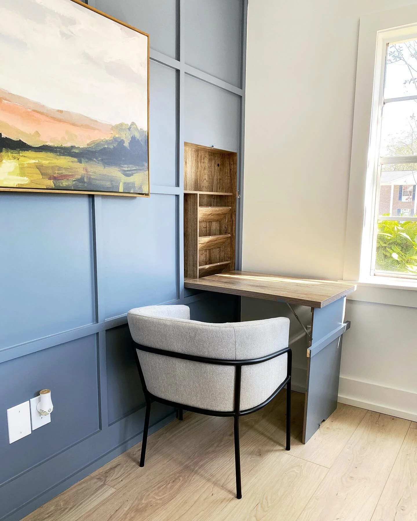 Now you see me&hellip; Now you don&rsquo;t! (swipe right).
.
.
.
No space or cavity is too small or unworthy of being transformed into something beautiful and functional. 
.
An underrated shelving unit turned into a &lsquo;part time&rsquo; desk that 