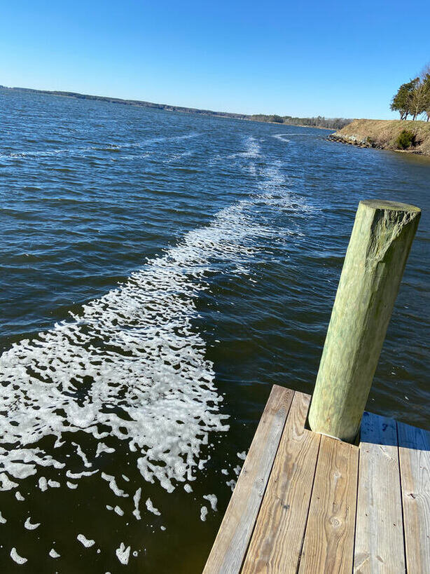 PFAS-laden foam travels across St. Inigoes Creek from Webster Field to my beach in Southern Maryland. [Photo by Pat Elder]