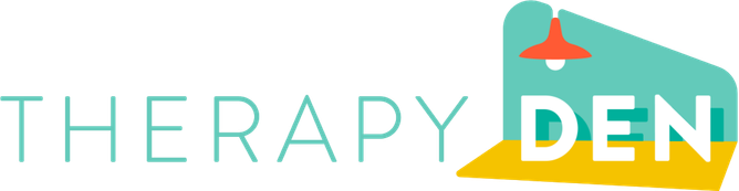 Logo with the words "THERAPY DEN" and a stylized lamp above the word "DEN" on a dark background.