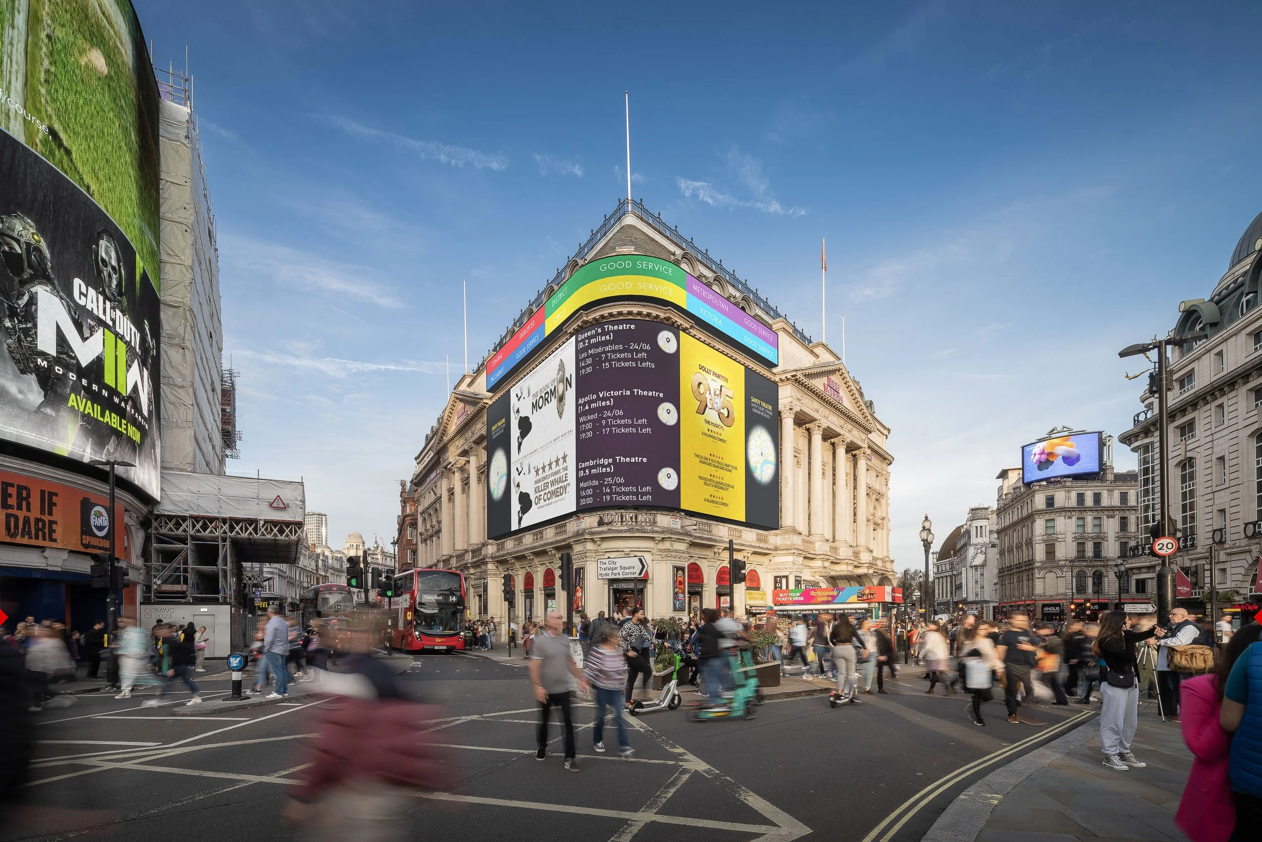 AVR3 verified view of proposed digital advertising screen on London Pavilion, Piccadilly Circus — heritage setting photomontage, Preconstruct