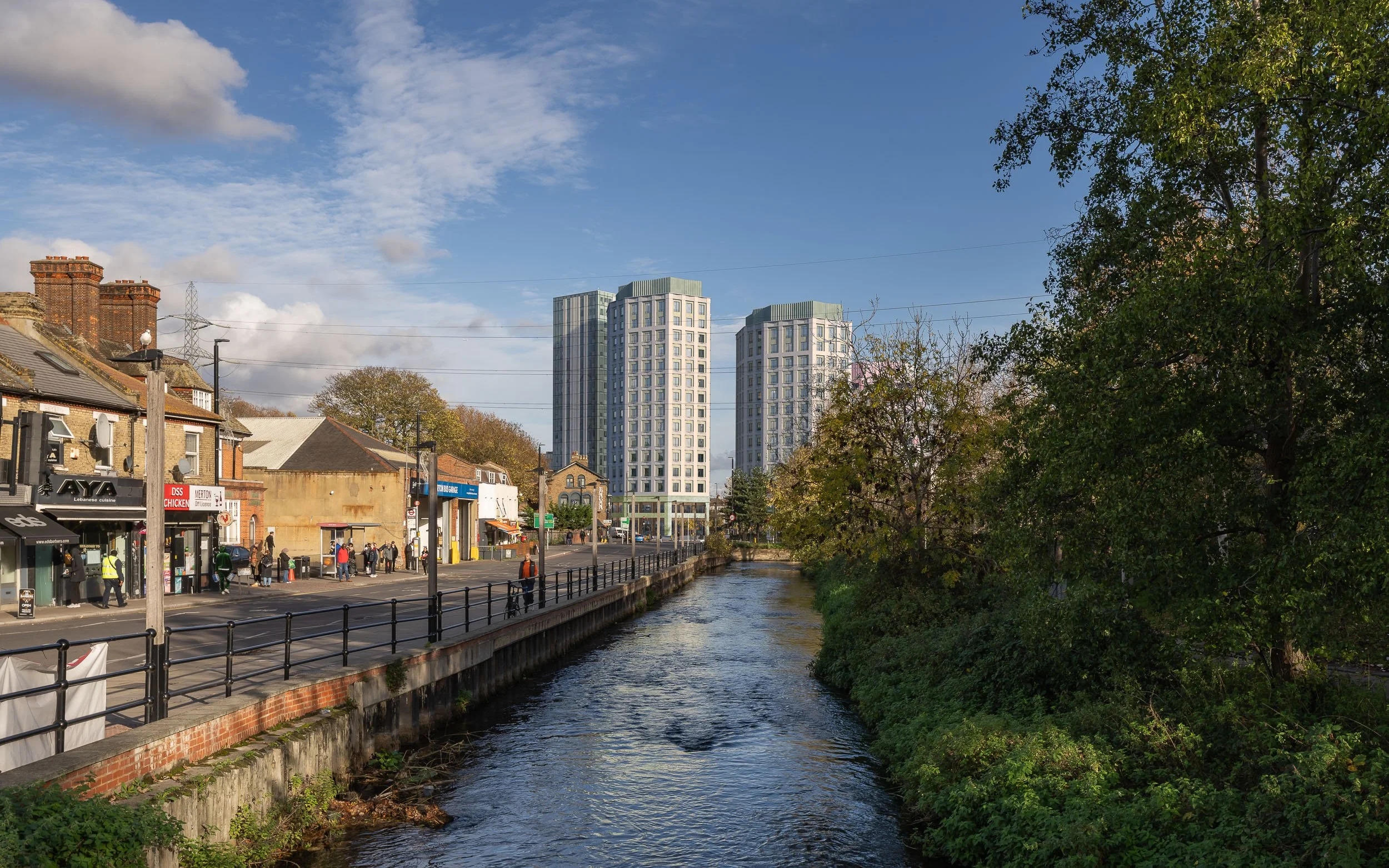 Type-4 verified view of two proposed residential towers, Colliers Wood London — urban TVIA photorealistic planning CGI, Preconstruct