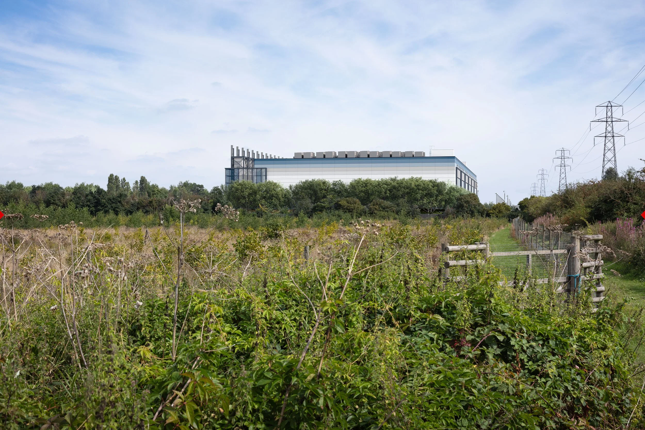 AVR3 verified view of proposed Amazon data centre, countryside setting — energy infrastructure LVIA planning visual, Preconstruct