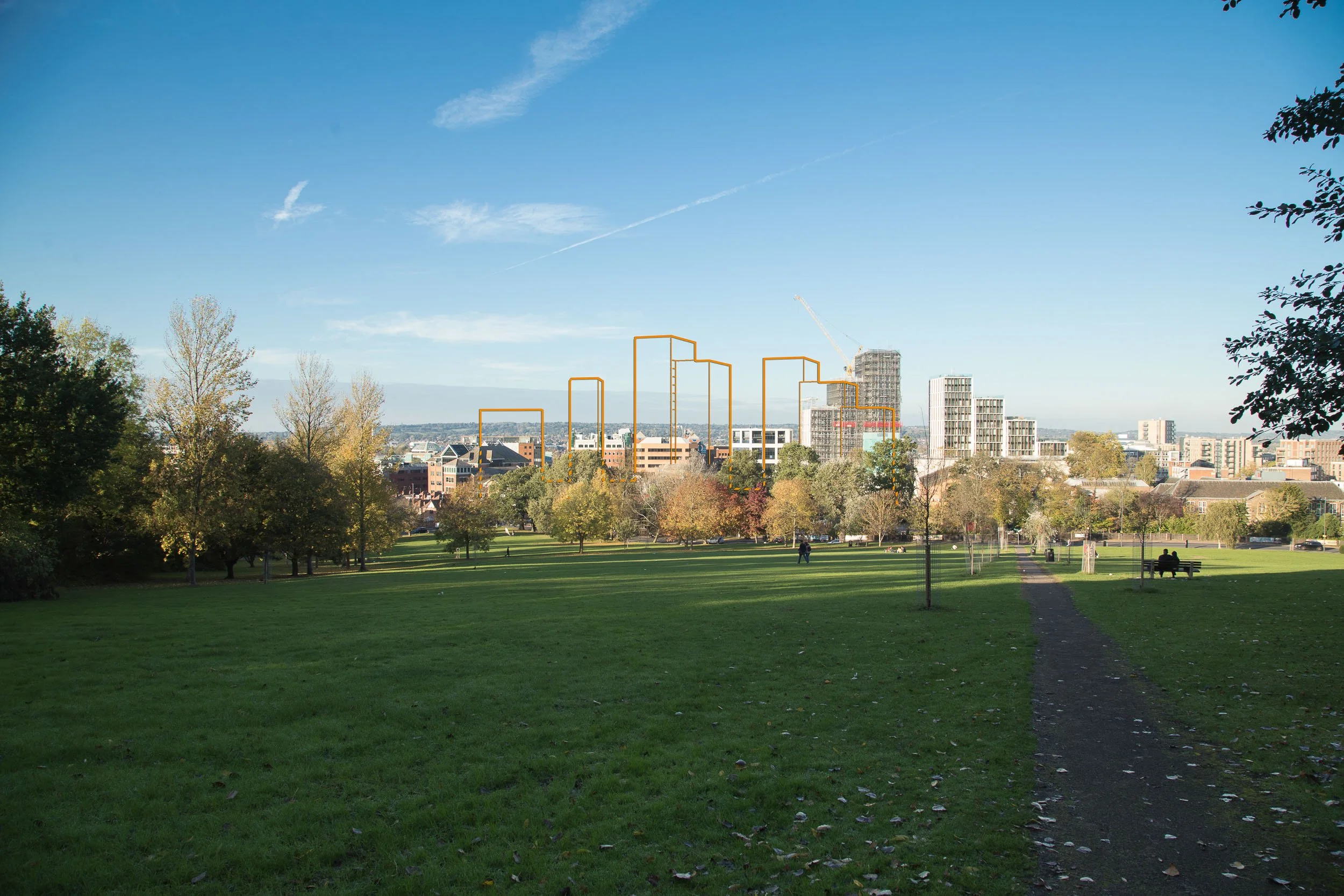 AVR1 wireline verified view of proposed towers and cumulative schemes, urban park setting, London — TVIA planning photomontage, Preconstruct