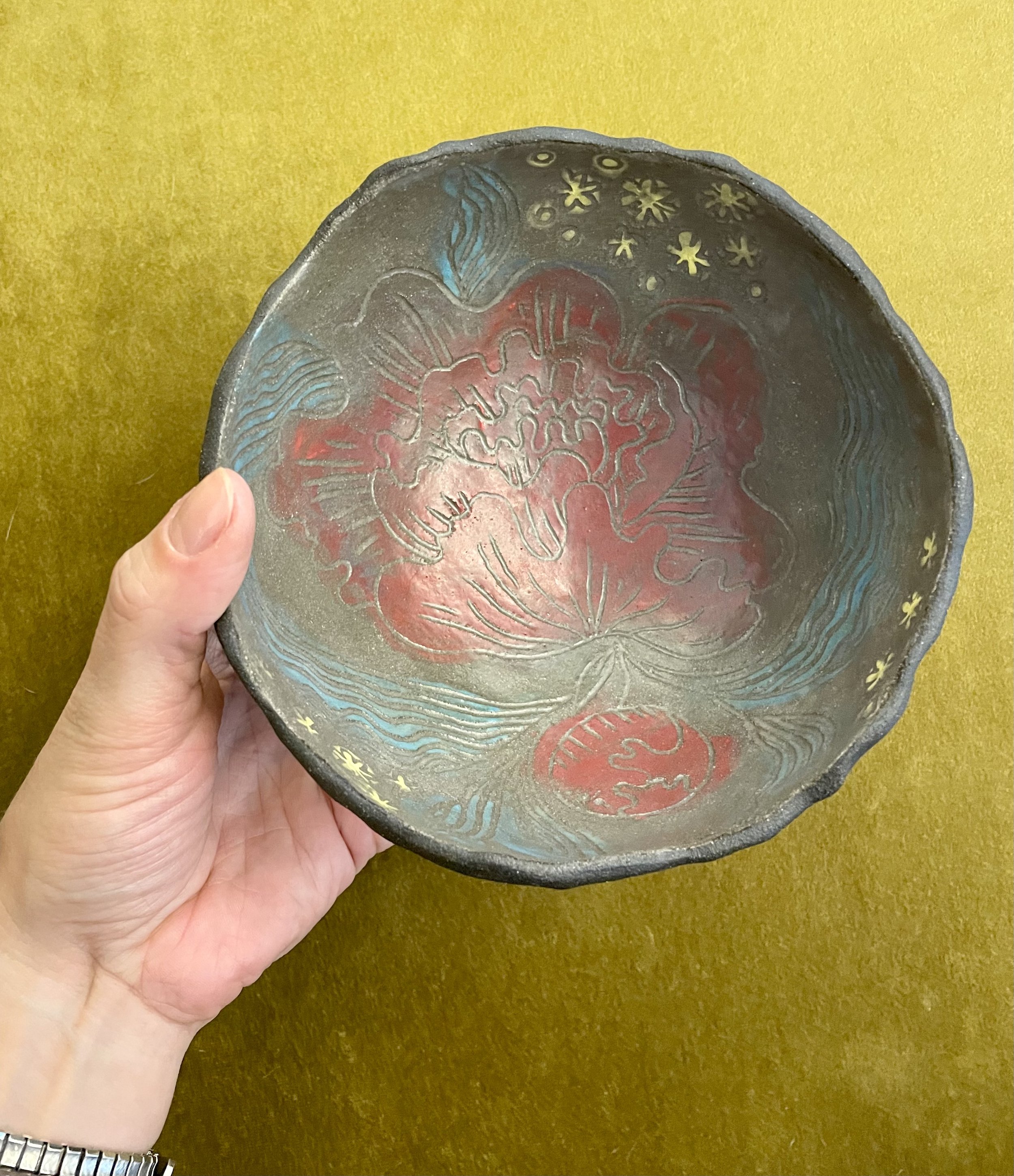 charcoal bowl - peonies