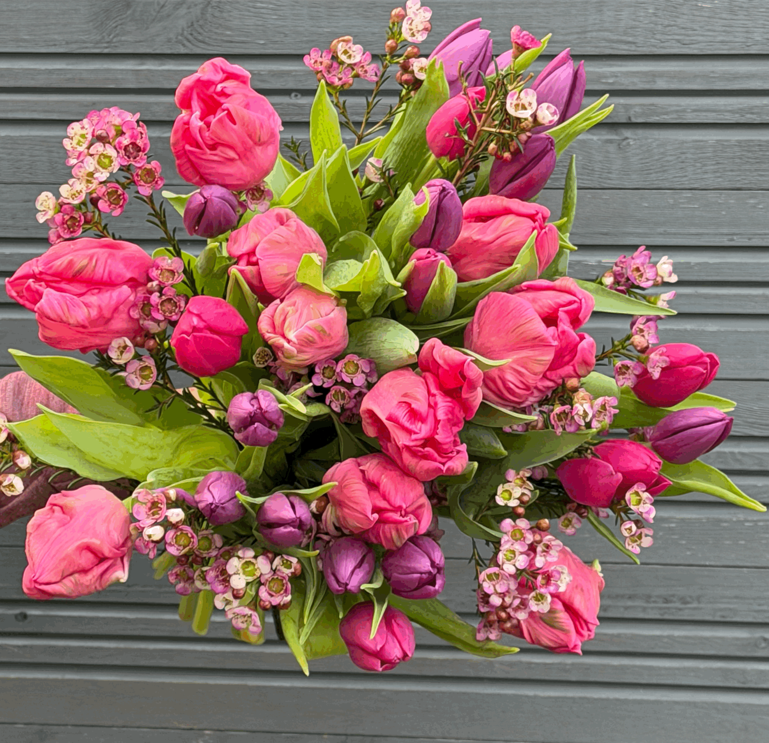 Parrot tulip and waxflower bouquet