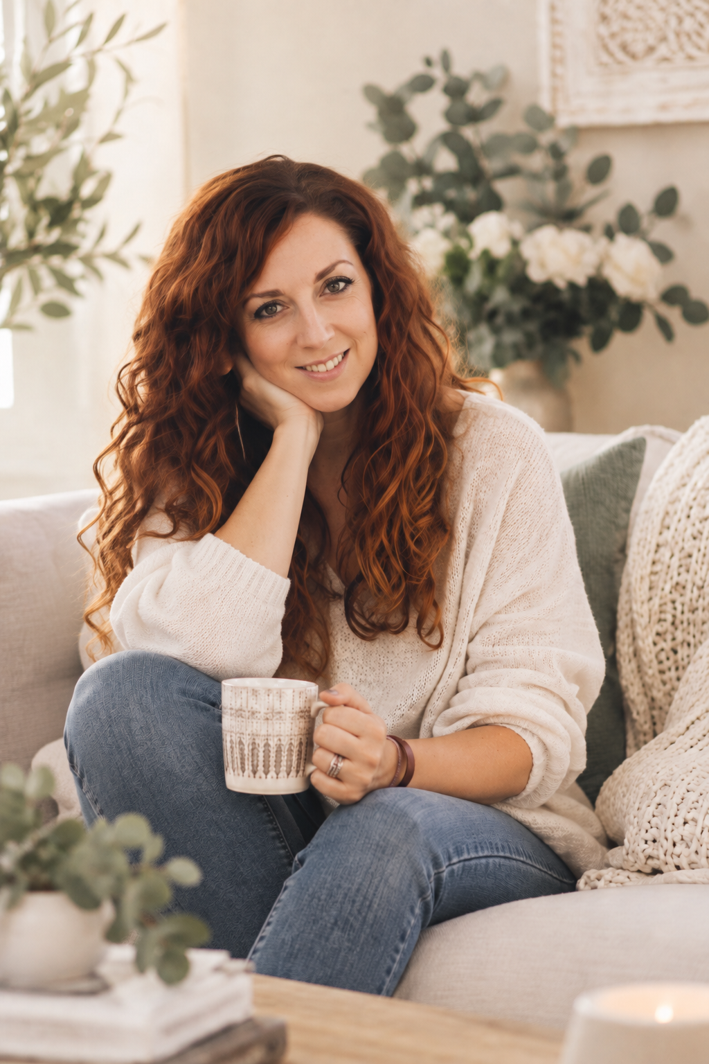 A woman with long, curly red hair smiling, sitting on a beige couch, holding a mug, in a cozy, well-lit living room with plants and decorative pillows.