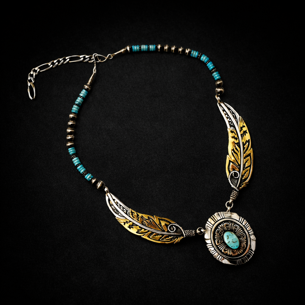 Thomas Curtis (American Navajo 1945 - 2013) Sterling Silver & Brass Overlay Turquoise Necklace