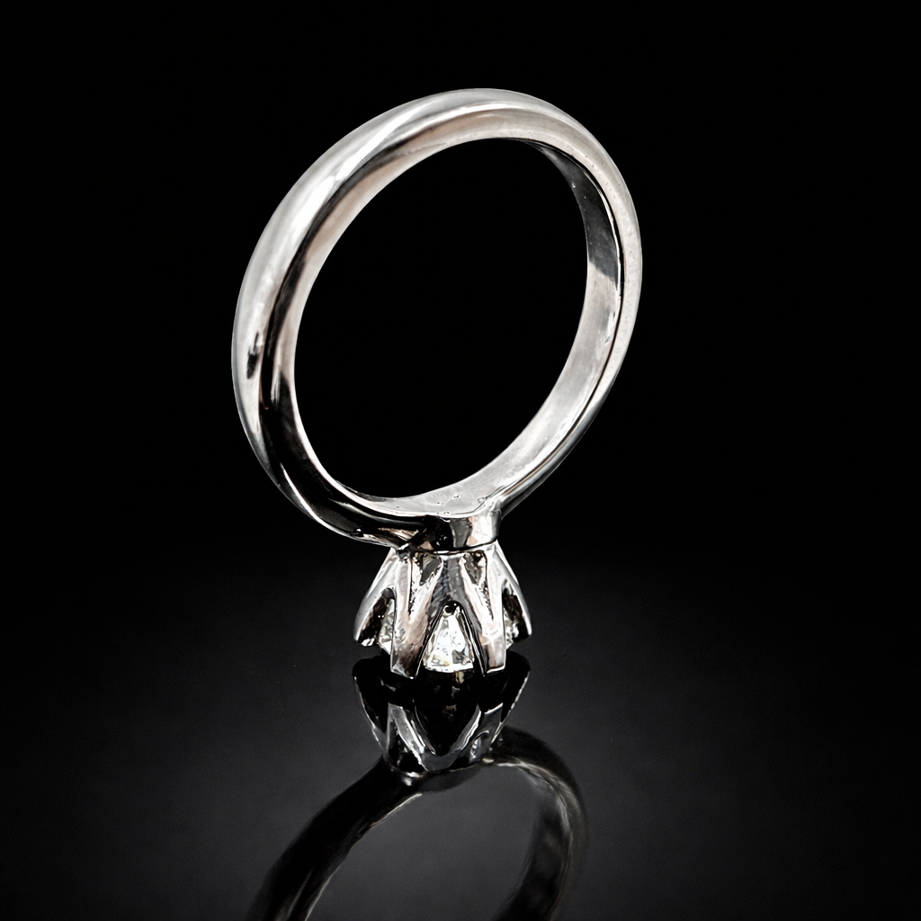 Elegant solitaire ring on reflective surface.png