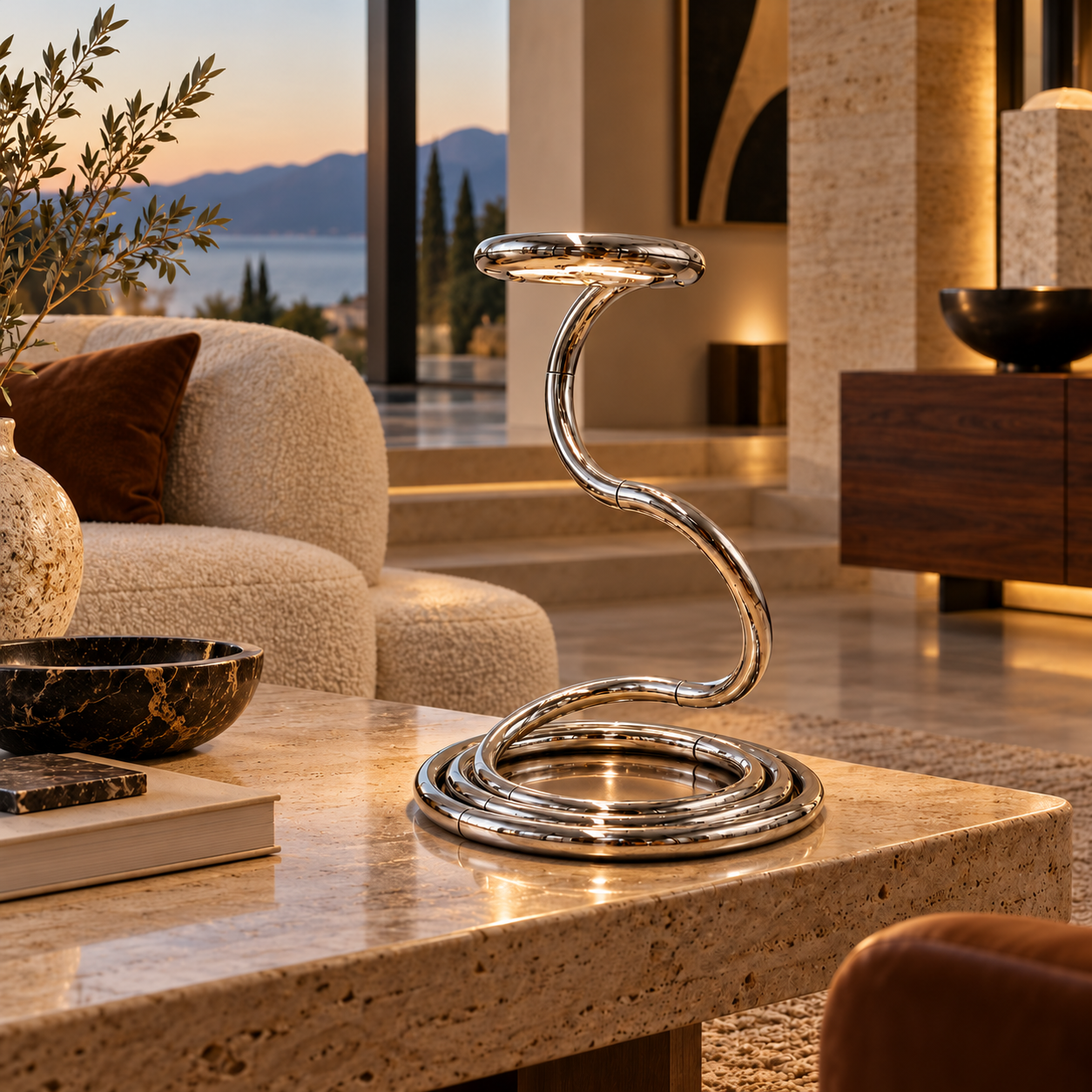 Sculptural Chrome Lamp in a Sunset Sanctuary.png