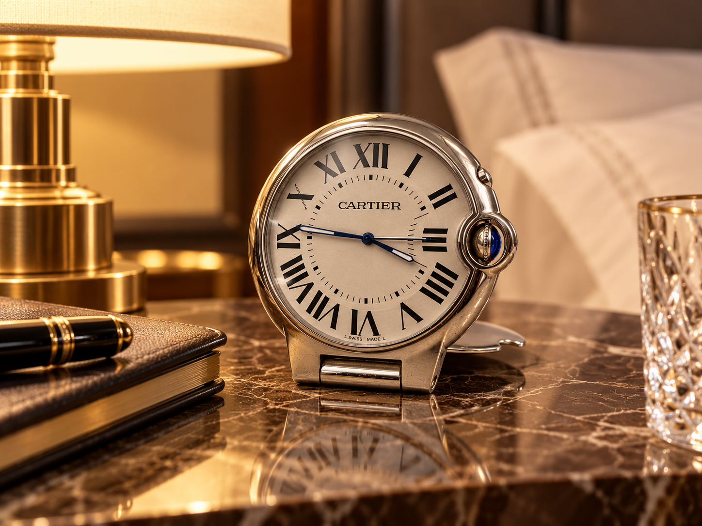 Cartier Clock on a Luxe Nightstand.png