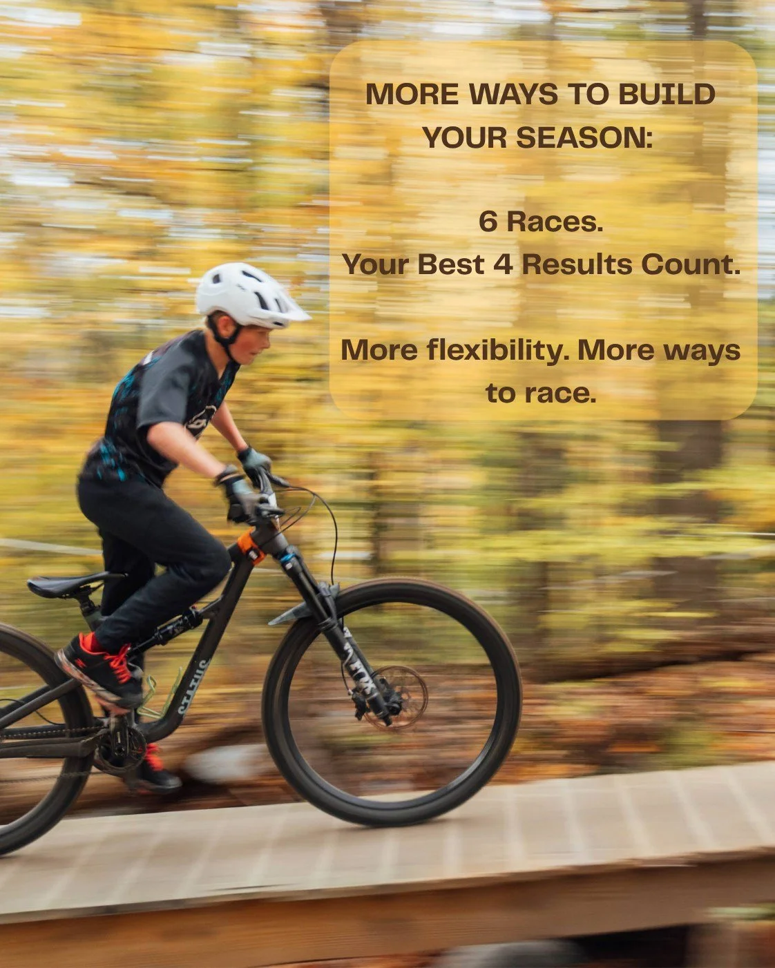 This year, we're introducing a new series scoring format designed to give riders and families more flexibility.

Here's how it works:
&bull; We have 6 races this season.
&bull; Your best 4 finishes count toward the overall series standings.
&bull; Th