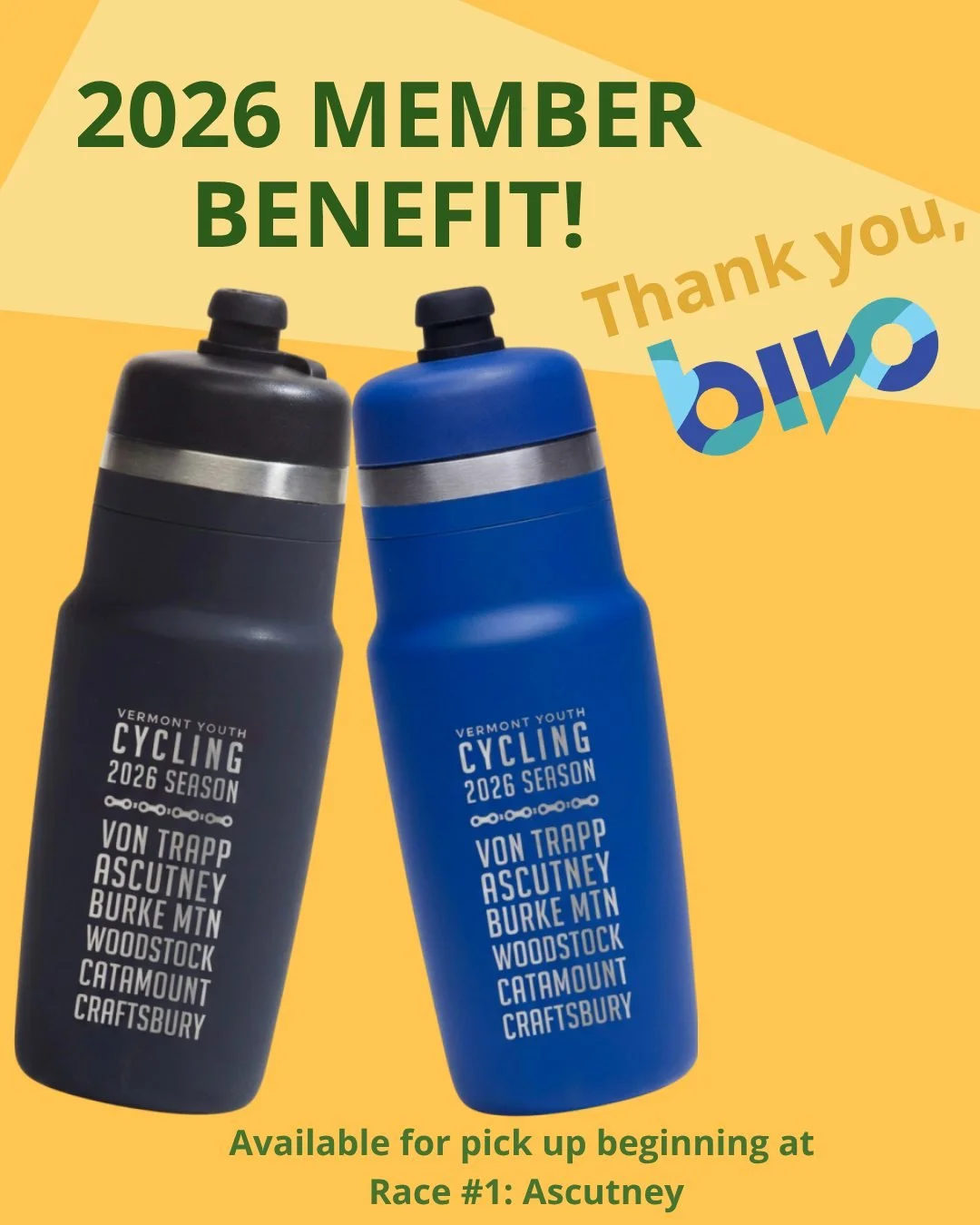 This year&rsquo;s member benefit is made possible thanks to our generous partnership with @drinkbivo &mdash;a Vermont company and a long-time supporter of VTYC and youth sports. We&rsquo;re so grateful for Bivo's continued commitment to our community