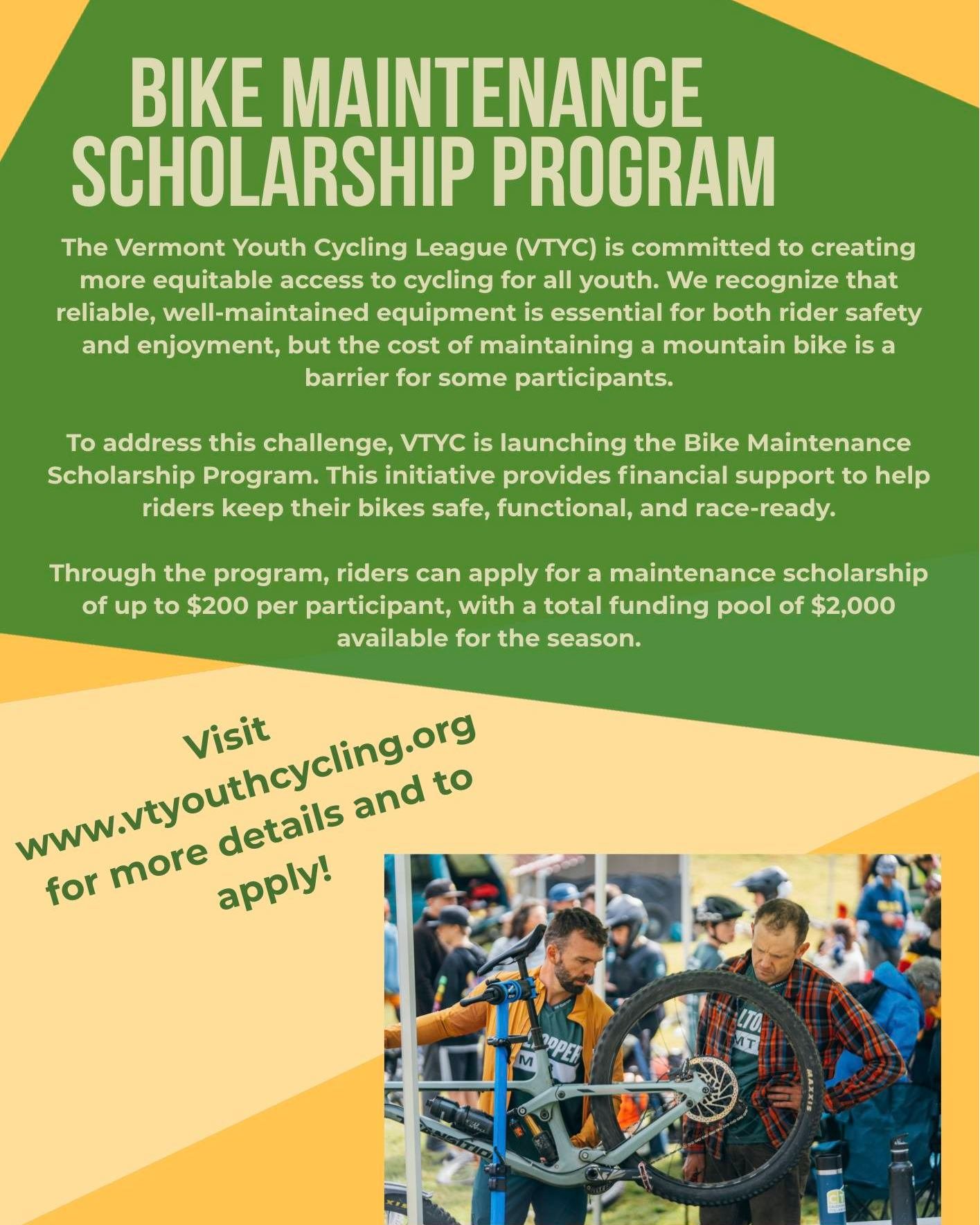 Our goal is to empower all riders, regardless of financial circumstance, to show up on race day with a bike that performs reliably and safely. Thats why we're partnering with bike shops around Vermont to help 10 young people get up to $200 of mainten