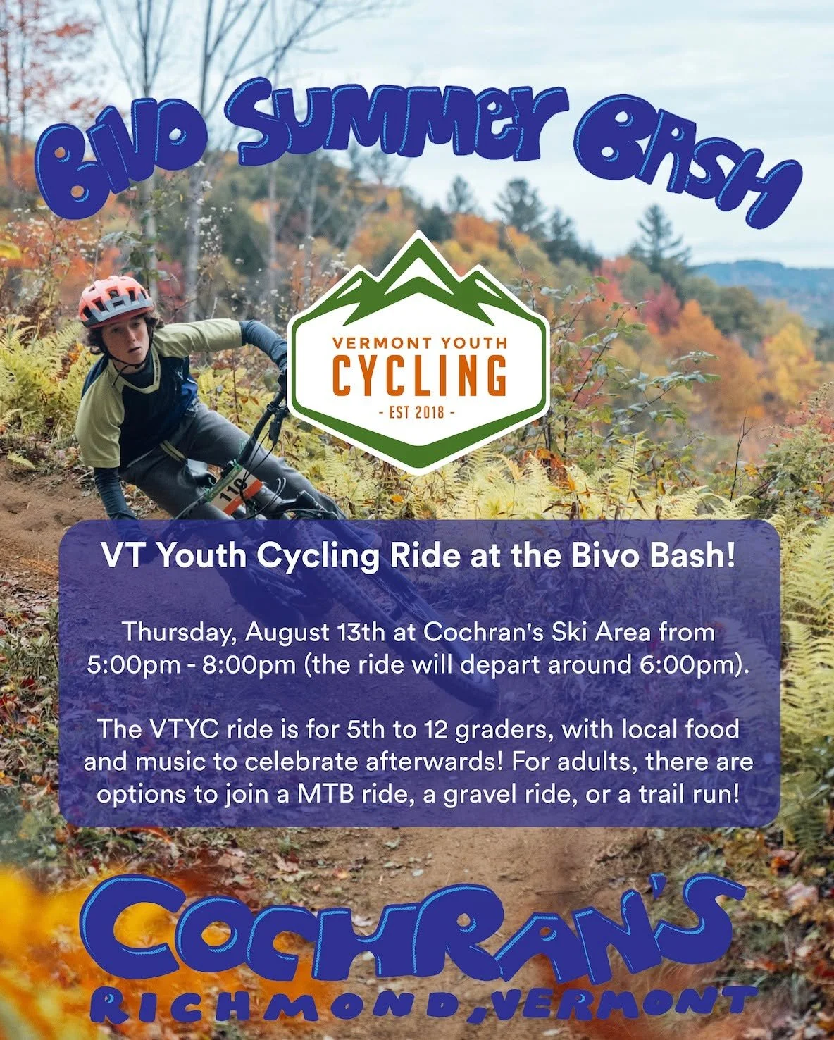 We're teaming up with our friends at @drinkbivo  for an evening of riding the Cochran's trails, followed by great food, live music at one of your favorite community venues. Whether you're a VTYC rider, parent, sibling, or friend, there's something fo