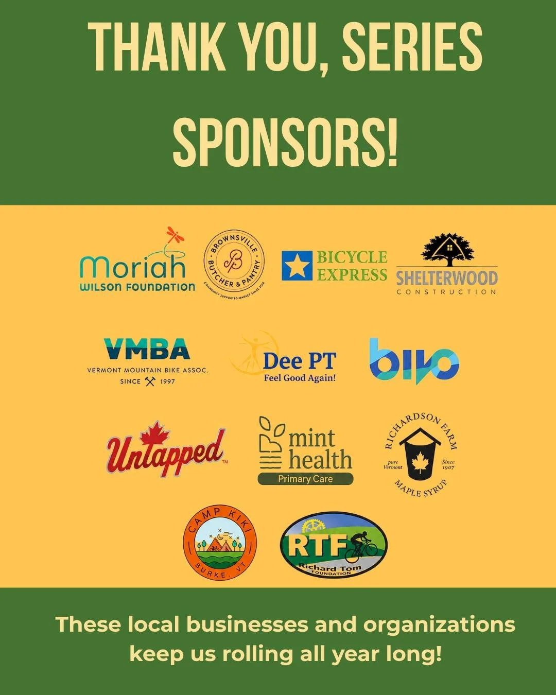 A huge THANK YOU to our 2026 sponsors for believing in Vermont Youth Cycling and the young people we serve. Your support makes everything we do possible 🙌

These businesses and organizations aren&rsquo;t just supporting a cycling program, they&rsquo