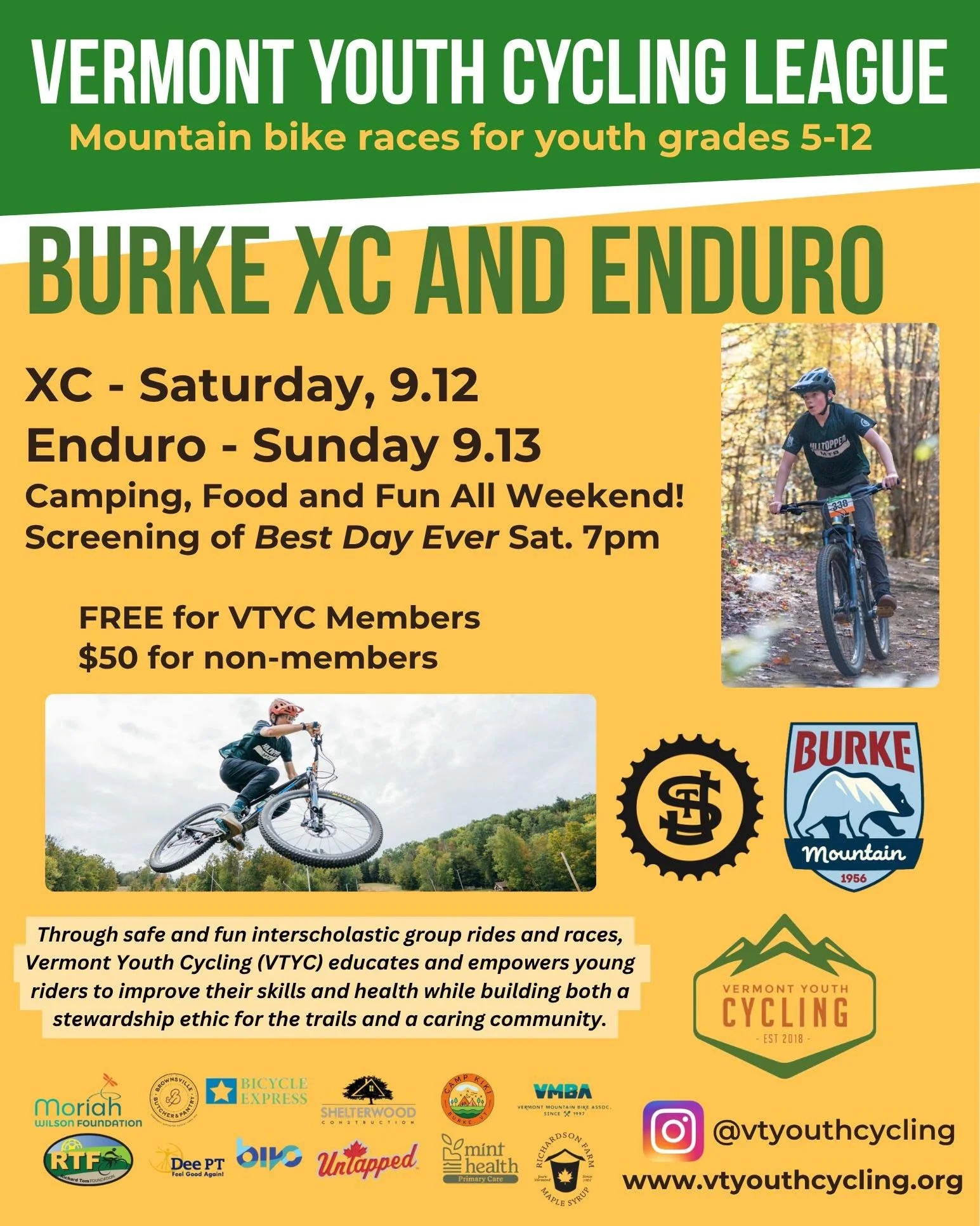 In just two weeks we'll be at @burkemountainofficial for our first ever double-header weekend! All abilities in grades 5-12 are welcome. Come race XC with us on Saturday, ride some more and attend a screening of @bestdayevermovie, camp out and stick 