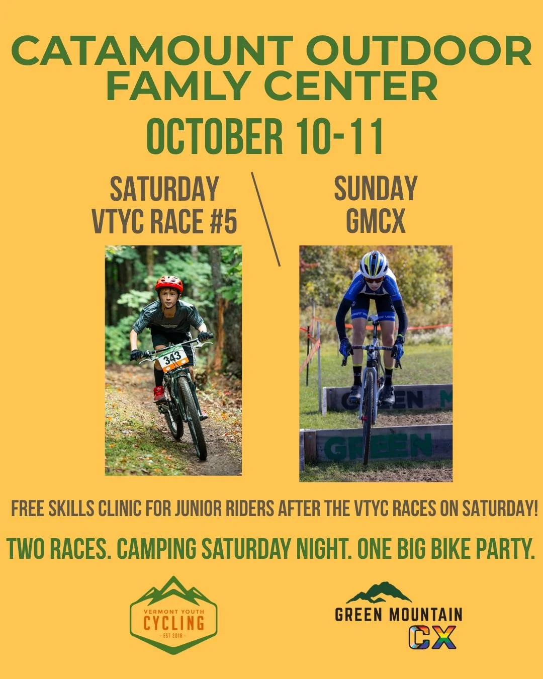 Join VTYC and GMCX for a full weekend of racing October 10-11 at @catamountoutdoorcenter! It all kicks off Saturday with VTYC's fifth race of the series. We welcome all area riders in grades 5-12 to join us. You do not need to be a VTYC member or aff