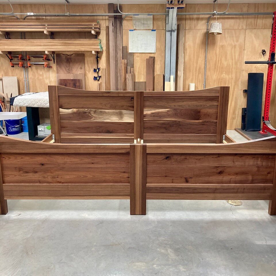 A king wasn&rsquo;t big enough.

And my shop isn&rsquo;t wide enough to capture the bed&rsquo;s two-mattress width. Very simple, sweet frame and panel design in just-everyday-awesome American walnut. All dimensions are divisible by three.

The panels