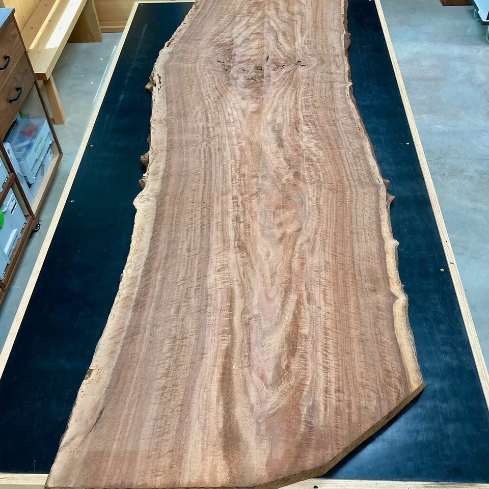 I just received a few slabs of claro walnut from northern CA. I first saw claro in George Nakashima&rsquo;s furniture seventeen years ago, when I was dumpster diving for material, and I&rsquo;ve wanted to work with it since then.

It&rsquo;s happened