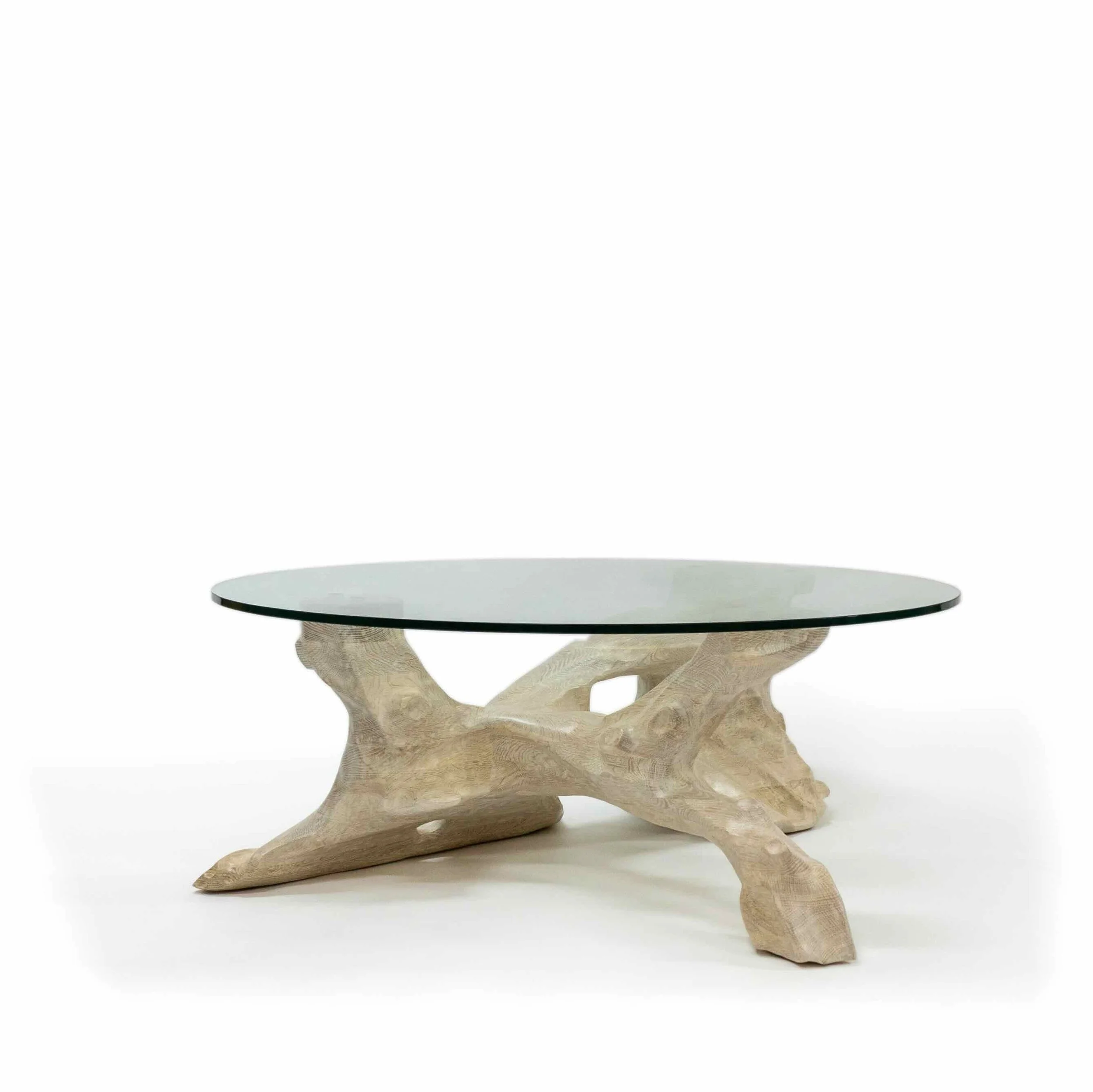 Drift Coffee Table in bleached white oak with glass top.