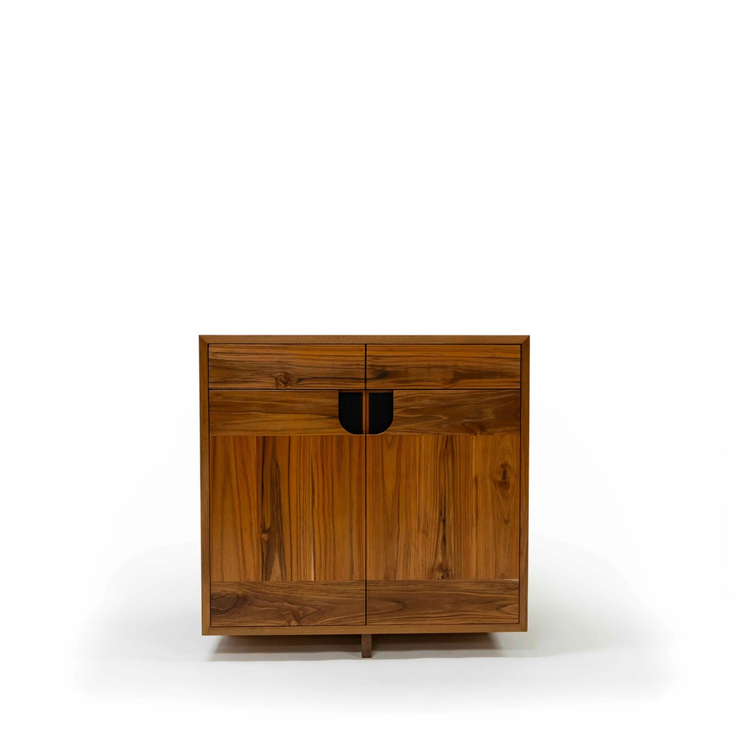 Front of Arexion High Credenza, in teak with python leather.